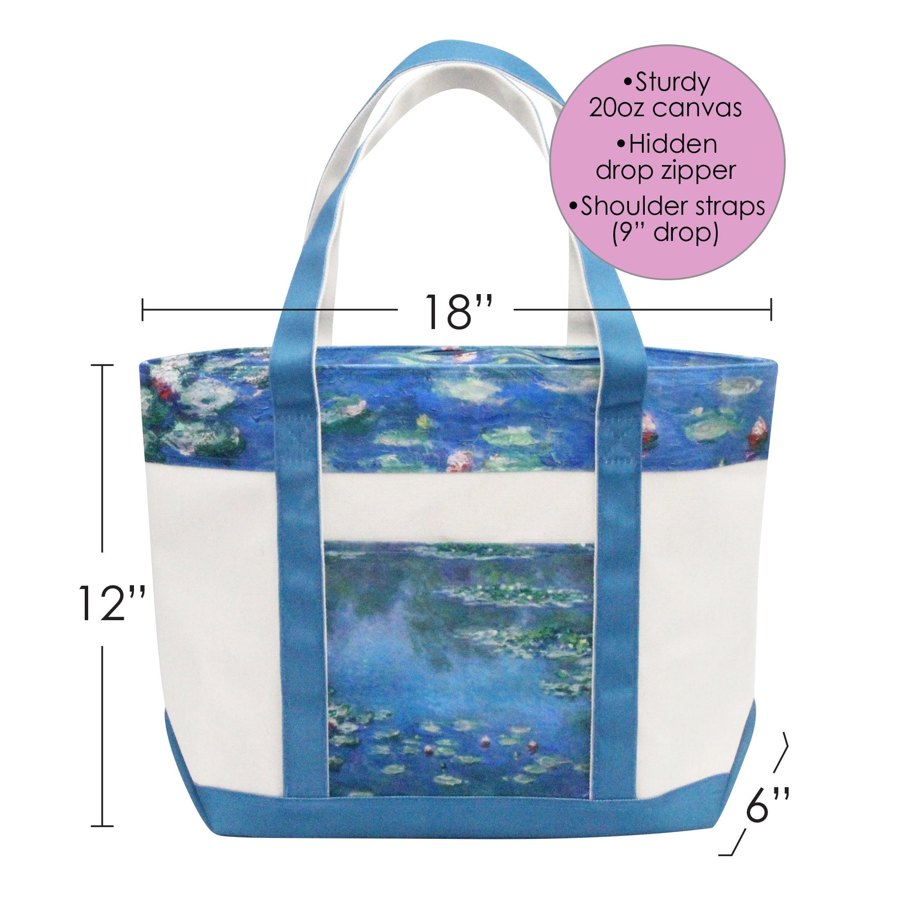 Monet Water Lilies Large Canvas Boat Tote – Zipper Top & Pockets