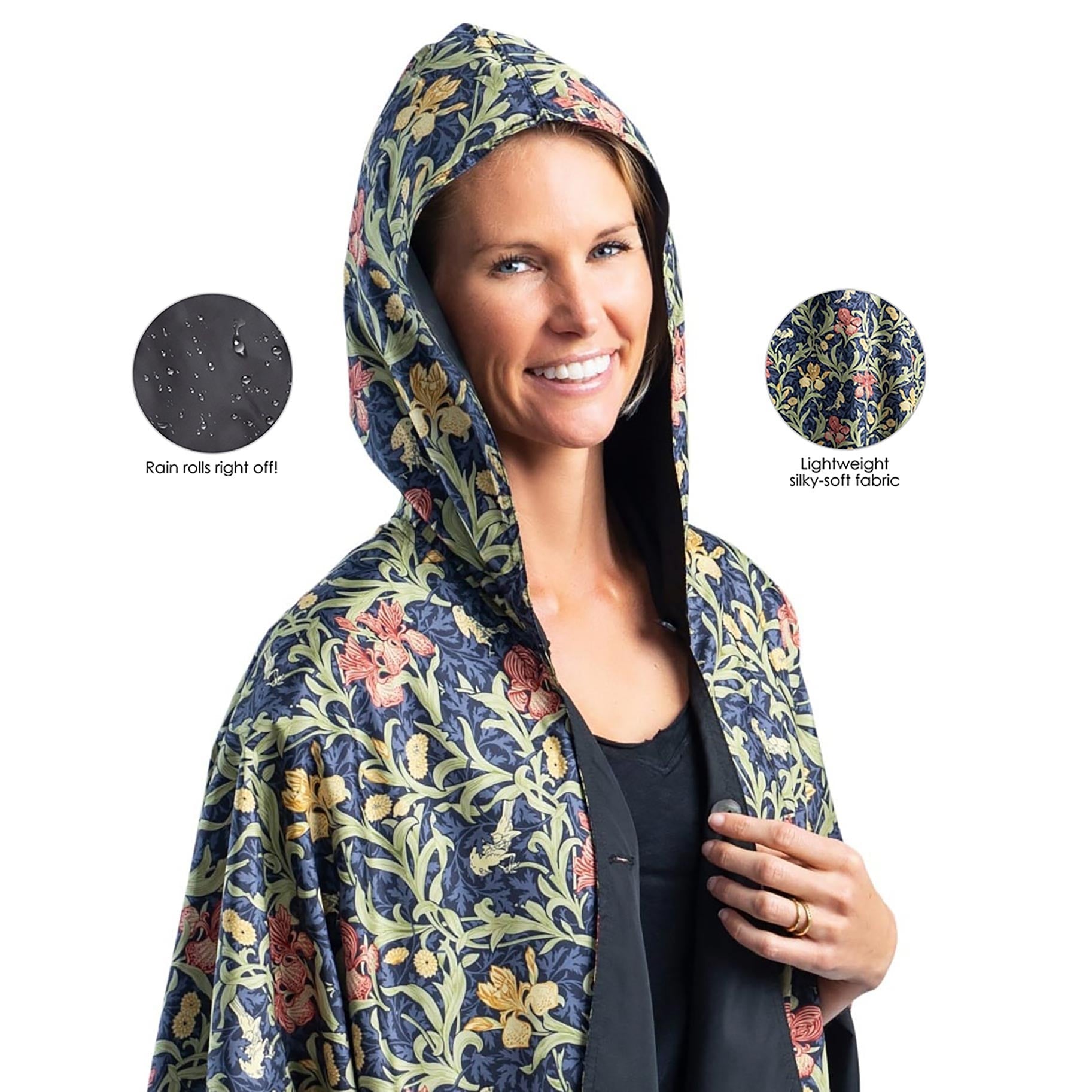 Black & William Morris Golden Flowers Womens Rain Cape - Rainproof Breathable Rain Poncho