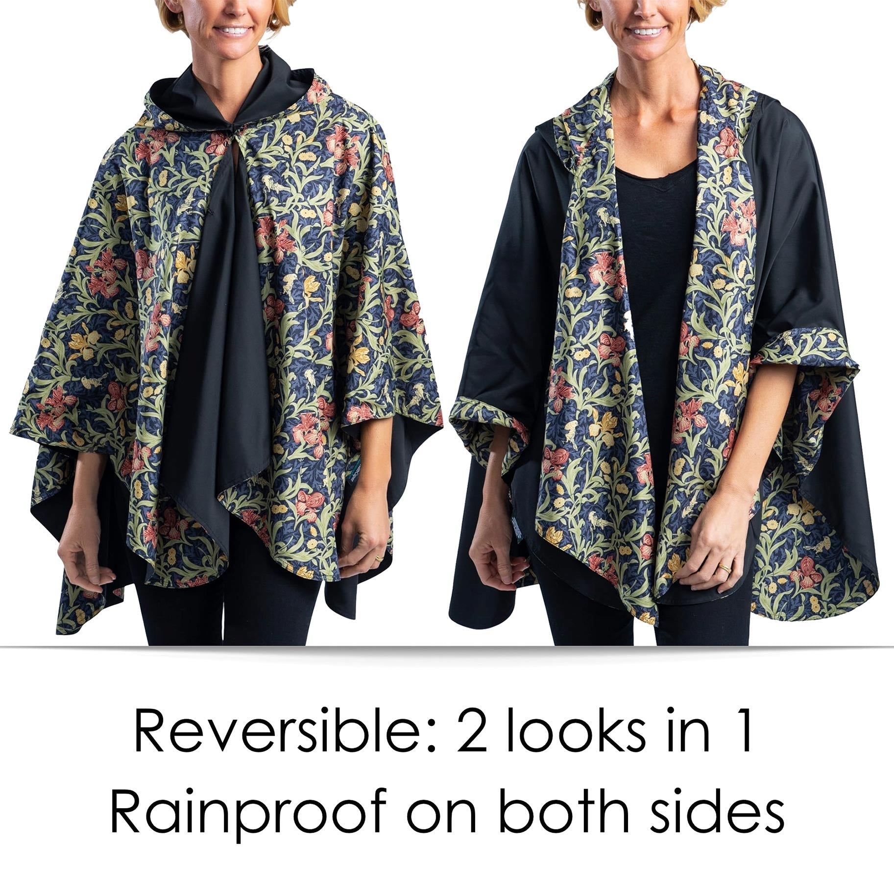 Black & William Morris Golden Flowers Womens Rain Cape - Rainproof Breathable Rain Poncho