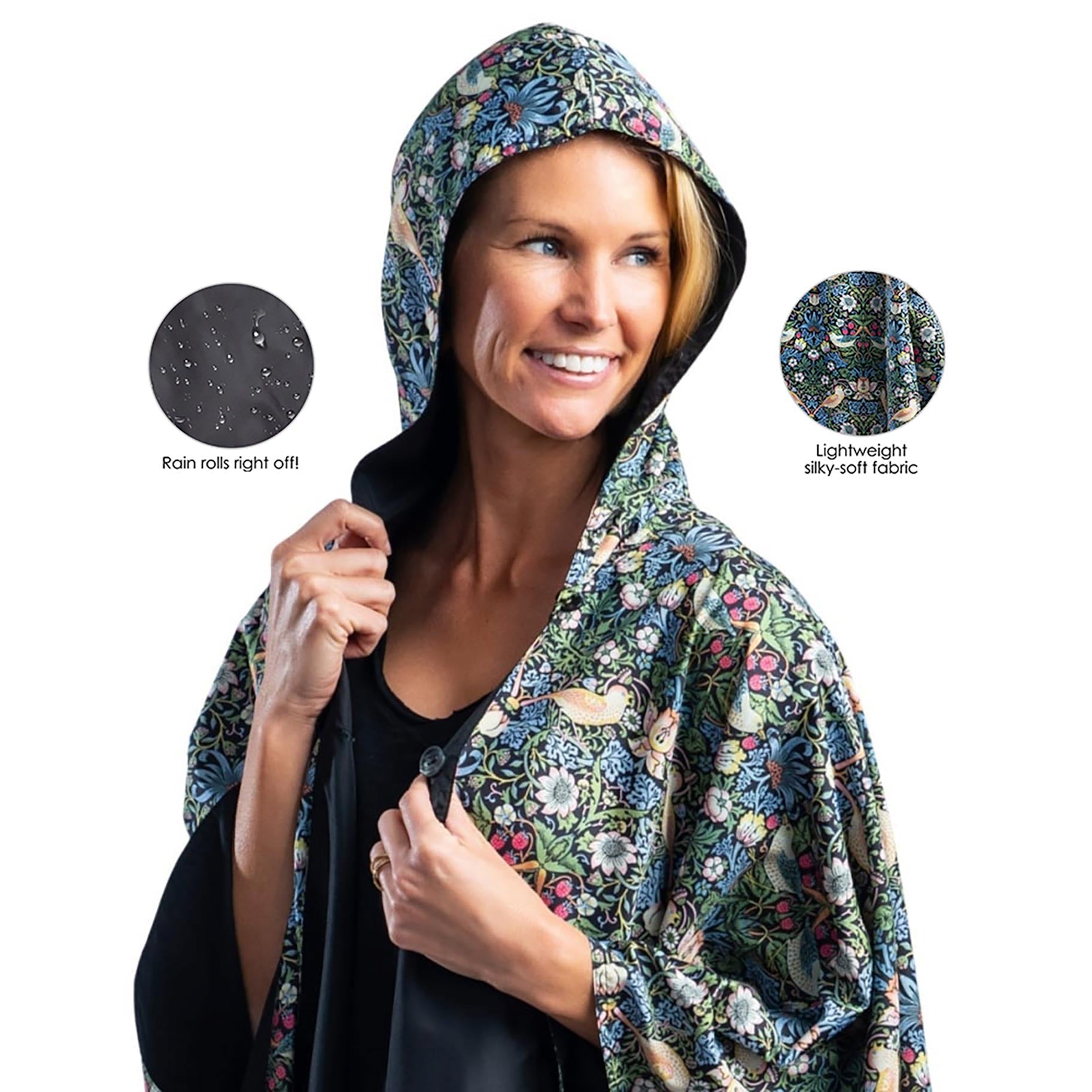 Black & William Morris Strawberry Thief Reversible Rain Cape Poncho – Hooded Womens Wrap