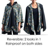 Black & William Morris Strawberry Thief Reversible Rain Cape Poncho – Hooded Womens Wrap