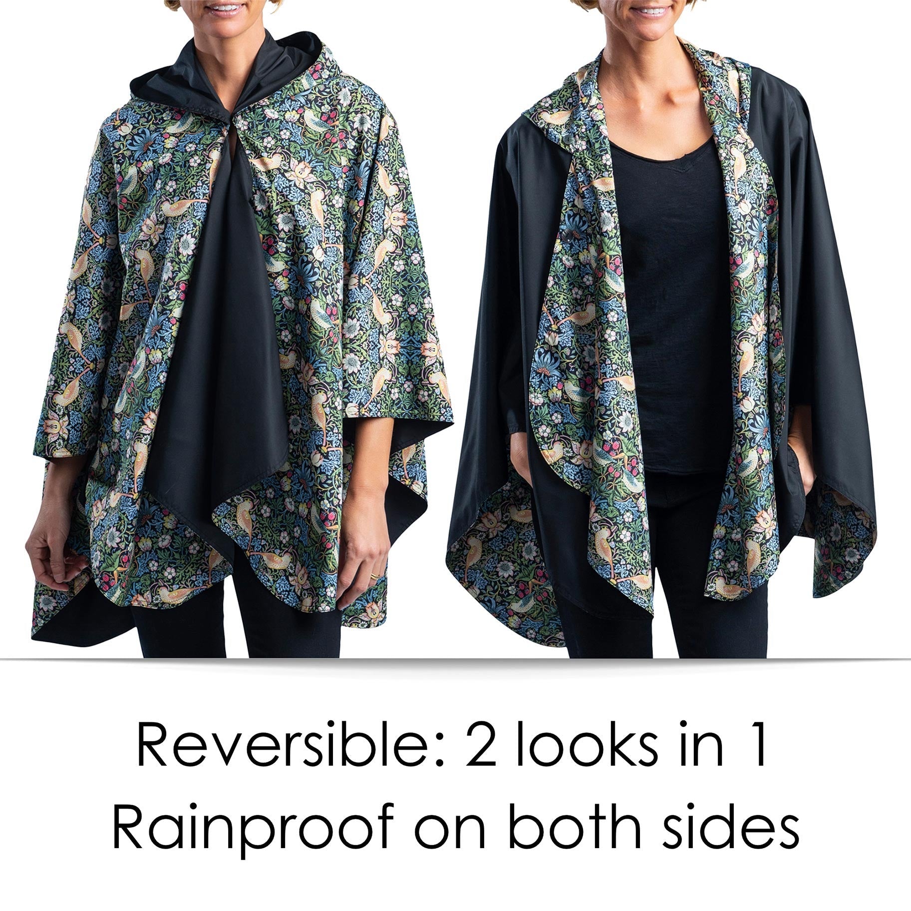 Black & William Morris Strawberry Thief Reversible Rain Cape Poncho – Hooded Womens Wrap