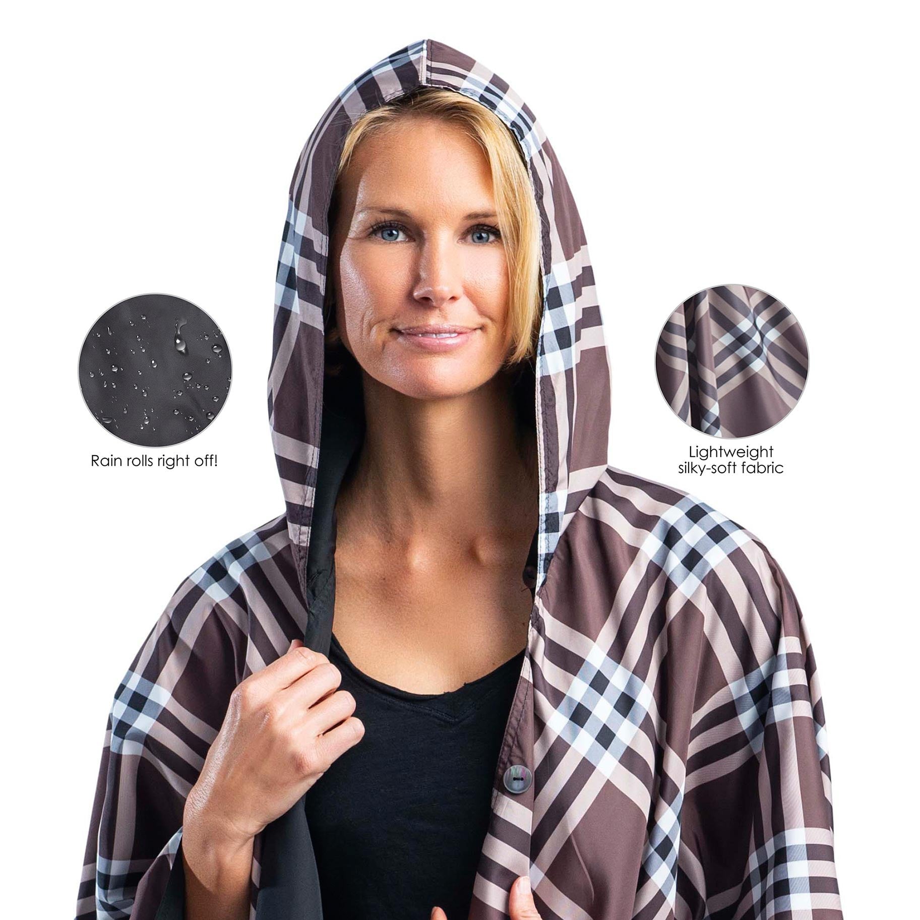 Black & Coco Plaid Rainproof Hooded Rain Cape – Women's Rain Poncho