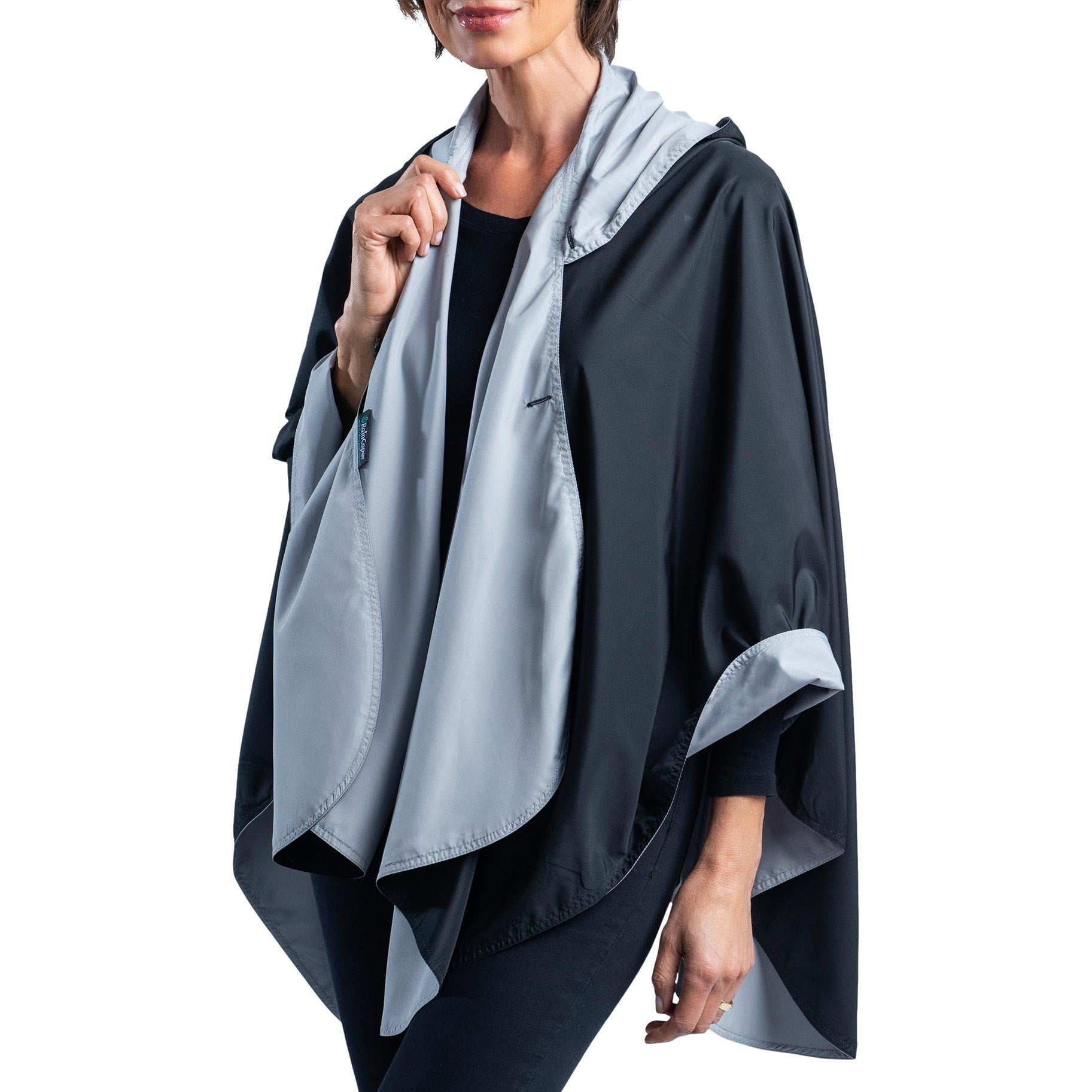 Black & Pewter Rainproof Hooded Rain Cape – Lightweight Women's Rain Wrap