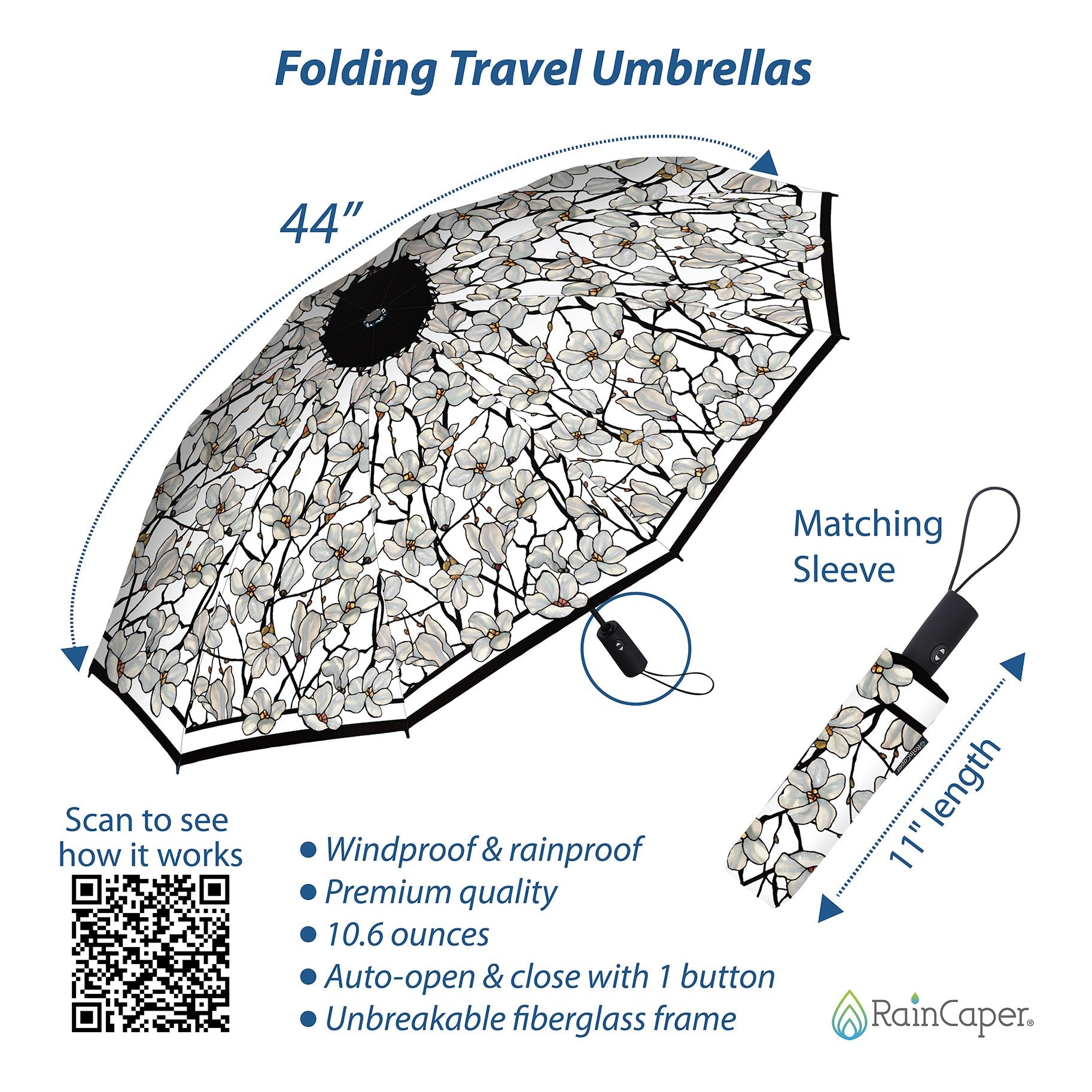 Tiffany Magnolia Travel Umbrella – Compact, One-Touch Open & Close