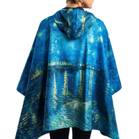van Gogh Over the Rhone Reversible Rain Cape Poncho – Lightweight Hooded Wrap for Women