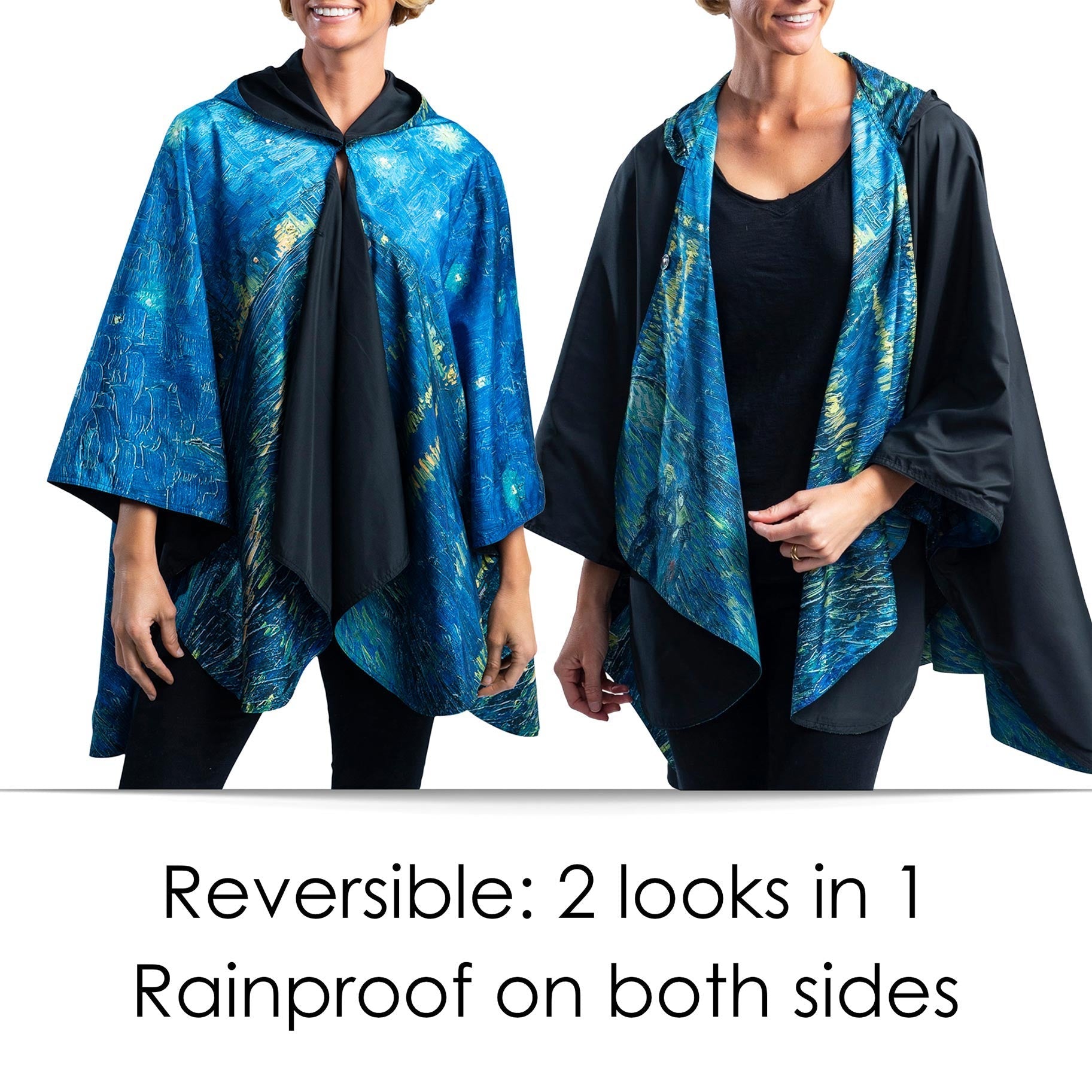 van Gogh Over the Rhone Reversible Rain Cape Poncho – Lightweight Hooded Wrap for Women