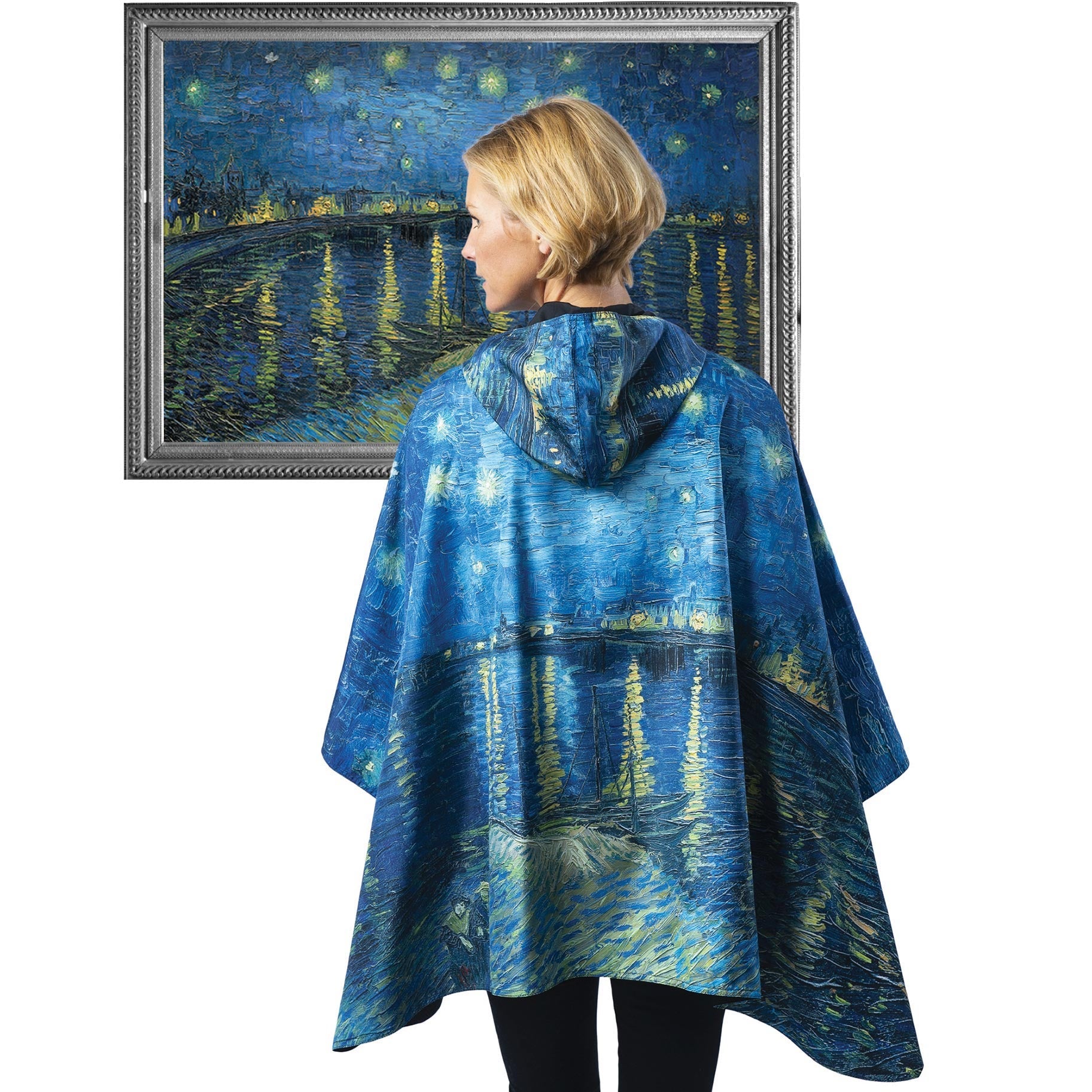 van Gogh Over the Rhone Reversible Rain Cape Poncho – Lightweight Hooded Wrap for Women