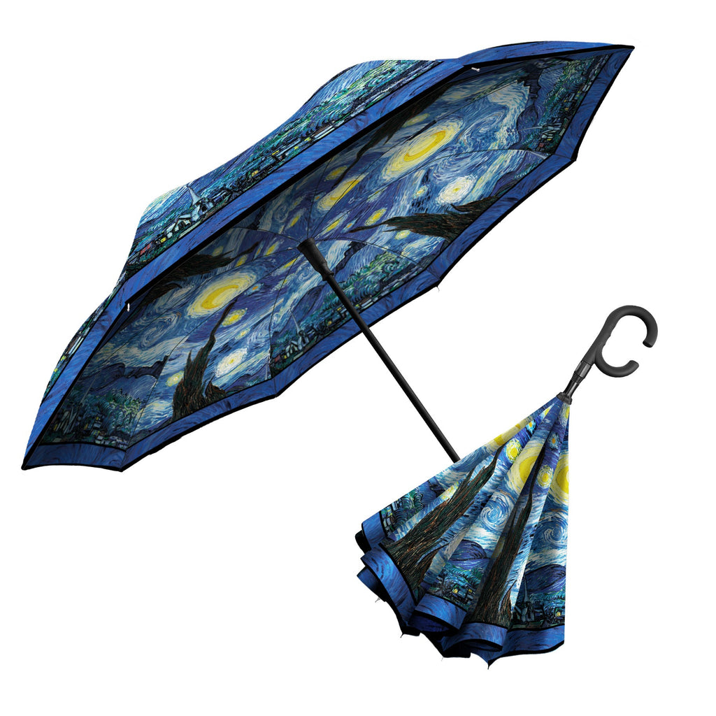 van Gogh Starry Night Reverse Inverted Umbrella – Hands-Free, Windproo – RainCaper