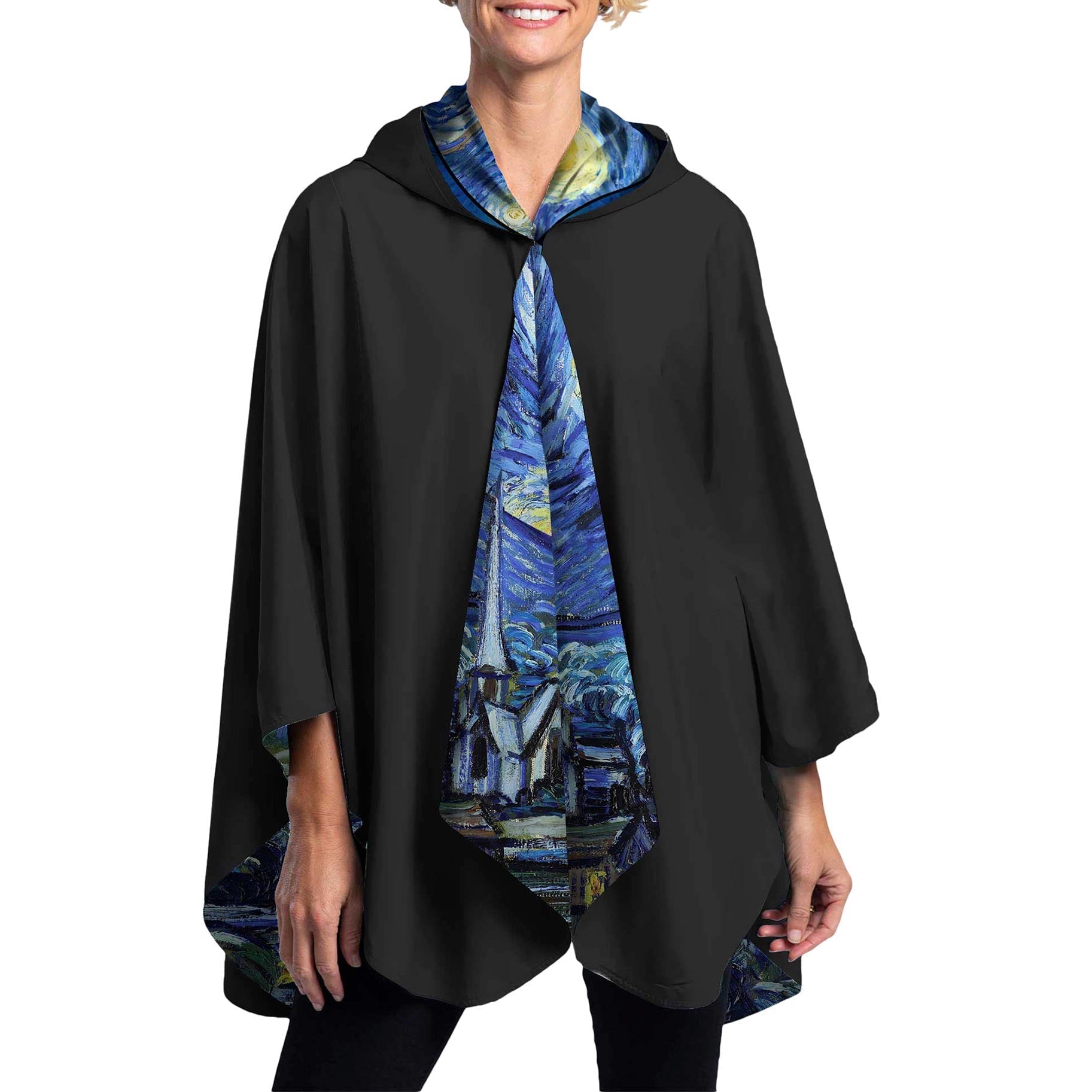van Gogh Starry Night Reversible Rain Cape – Lightweight Hooded Wrap for Women