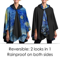 van Gogh Starry Night Reversible Rain Cape – Lightweight Hooded Wrap for Women