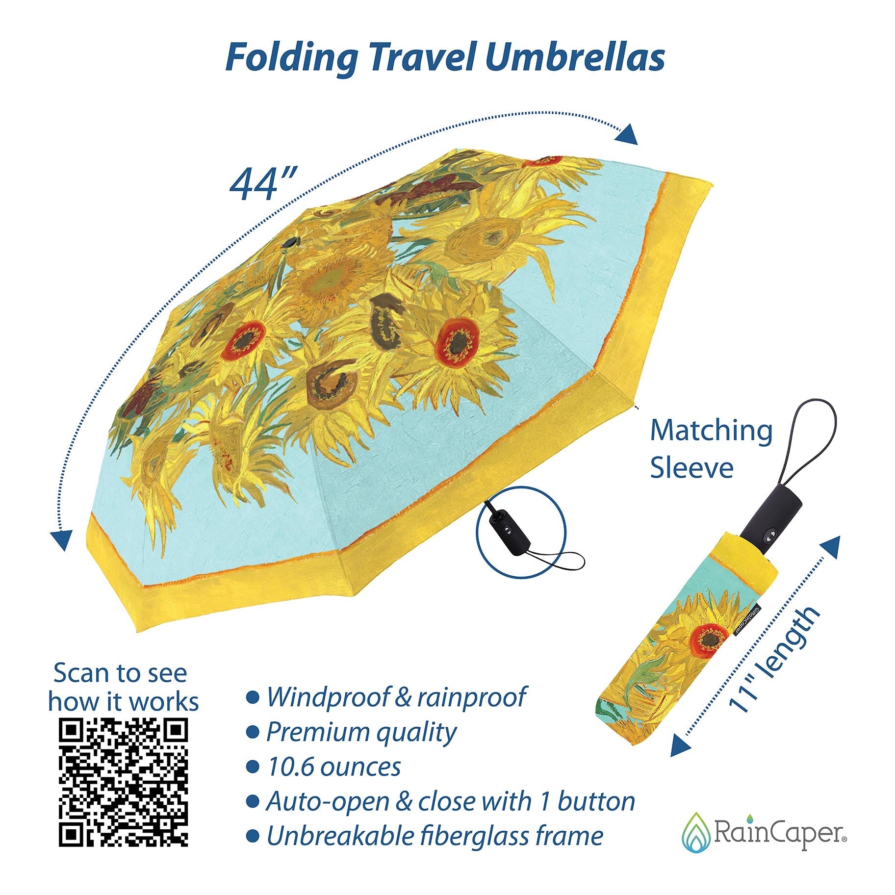 van Gogh Sunflowers Travel Umbrella – Compact, One-Touch Open & Close