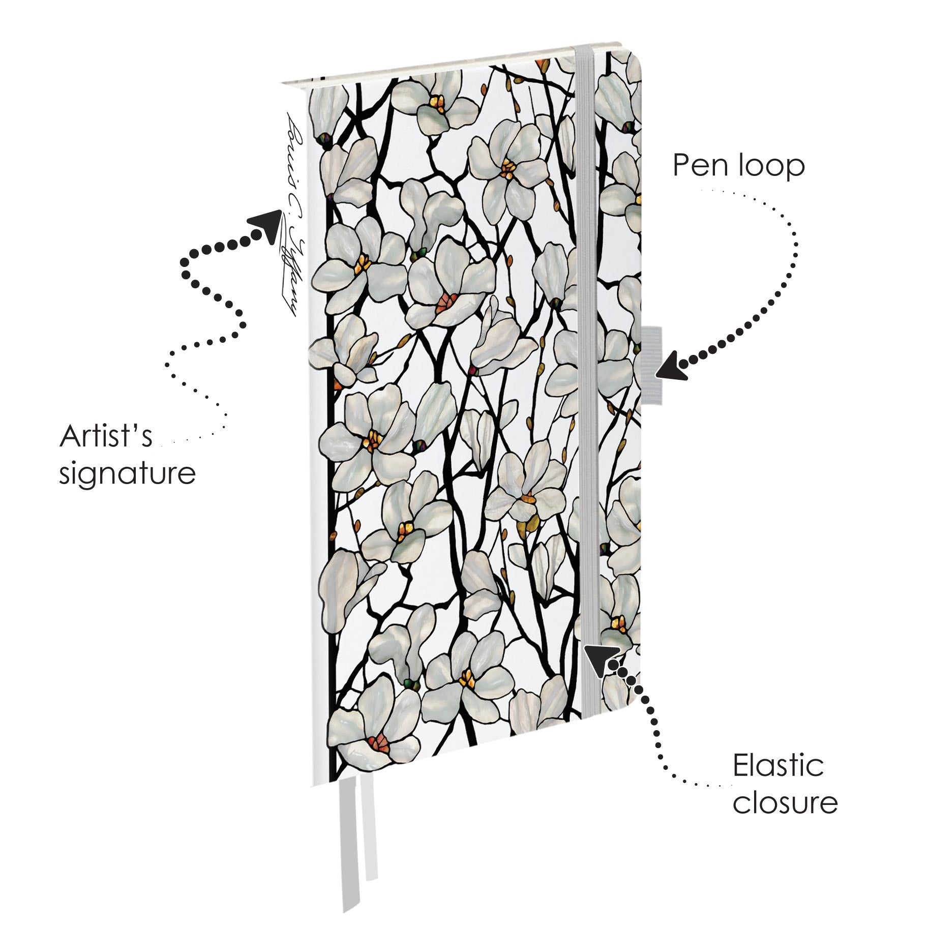 Tiffany Magnolia - Dot Grid Journal – Hardcover, Pockets, Ribbon Bookmarks