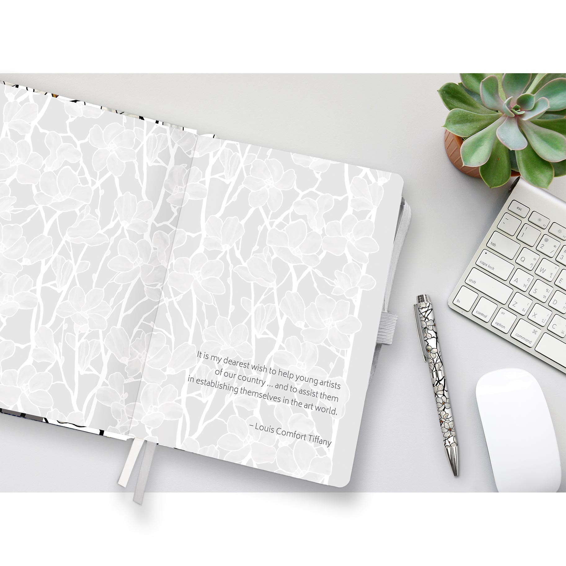 Tiffany Magnolia - Dot Grid Journal – Hardcover, Pockets, Ribbon Bookmarks