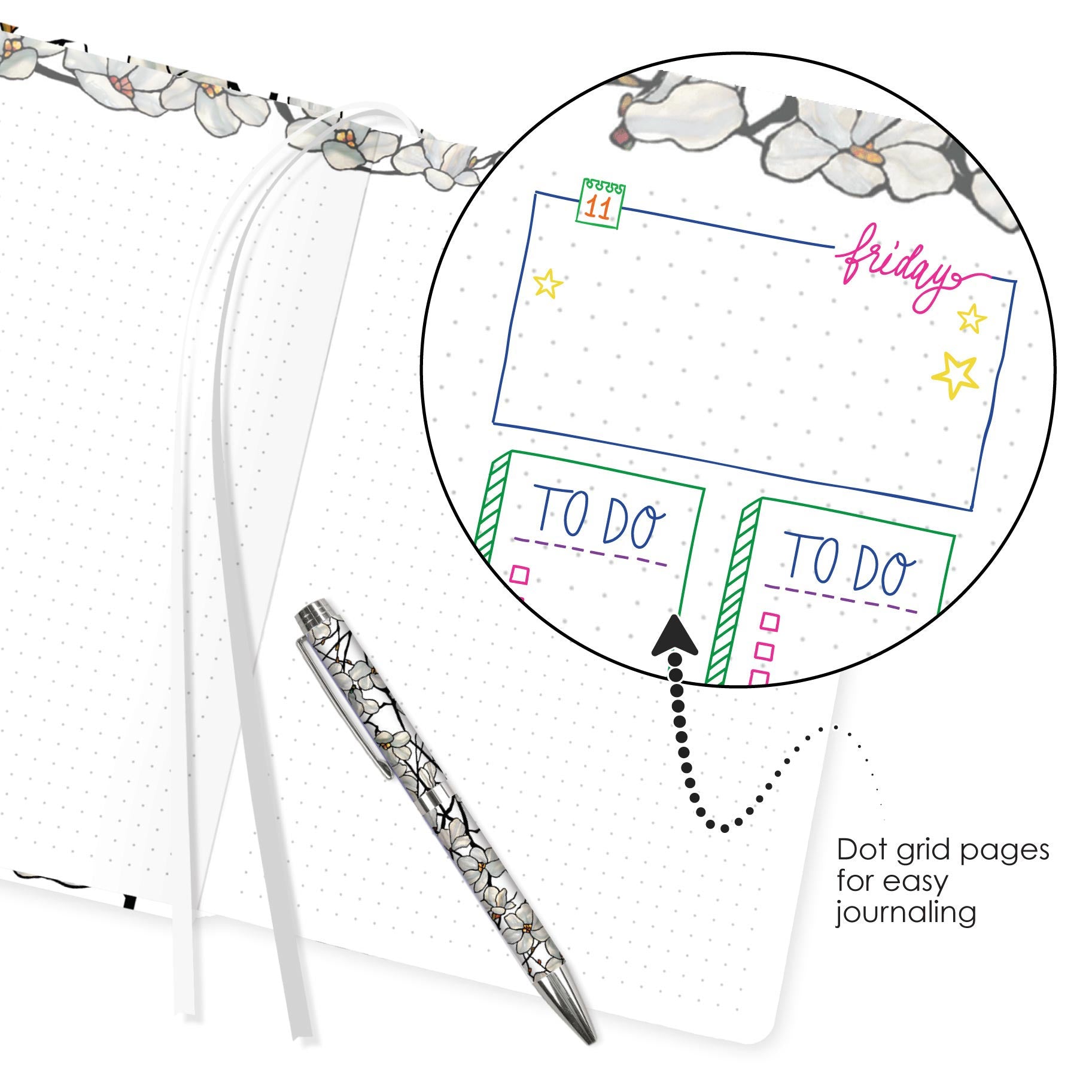 Tiffany Magnolia - Dot Grid Journal – Hardcover, Pockets, Ribbon Bookmarks