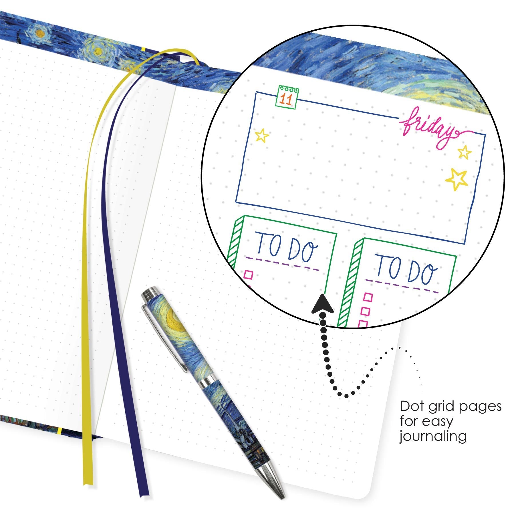 van Gogh Starry Night - Dot Grid Journal – Hardcover, Pockets, Ribbon Bookmarks
