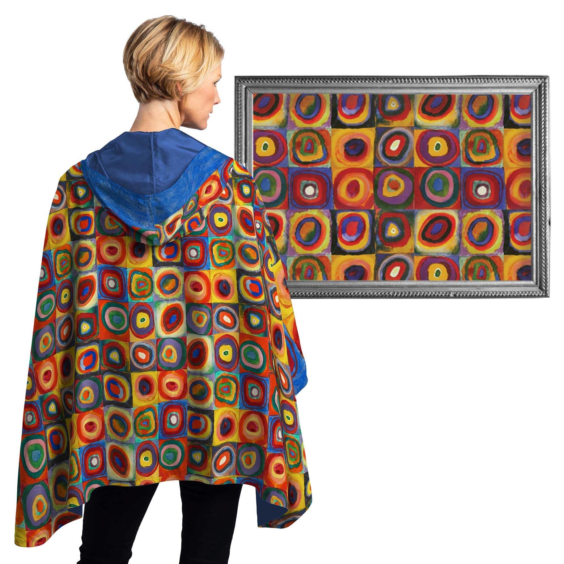 Kandinsky "Circles" Reversible Rain Cape Poncho – Lightweight Hooded Wrap for Women
