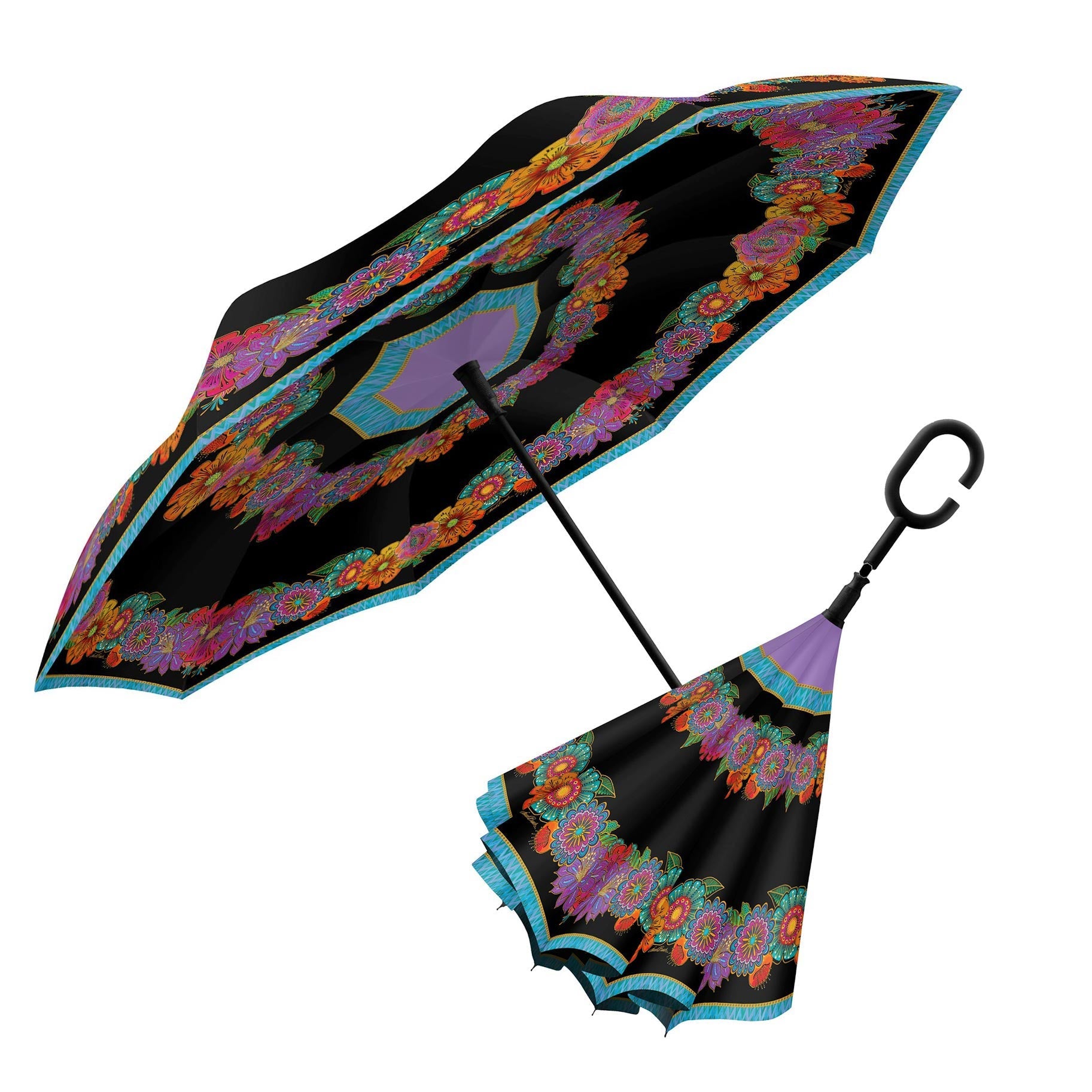 Laurel Burch Blooms Reverse Inverted Umbrella – Hands-Free, Windproof - Earlier Design