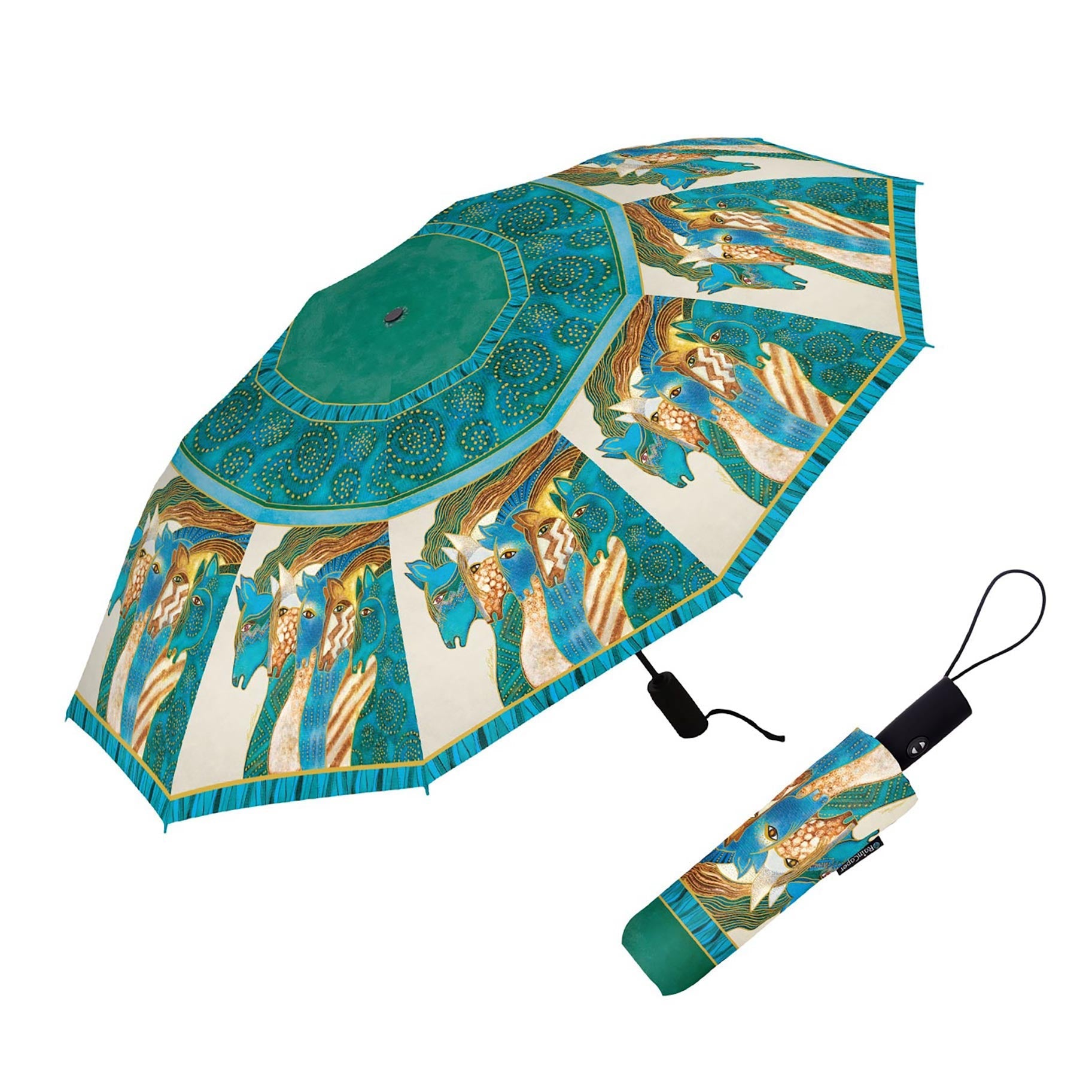 Laurel Burch "Sky Mares" Travel Umbrella – Compact, One-Touch Open & Close