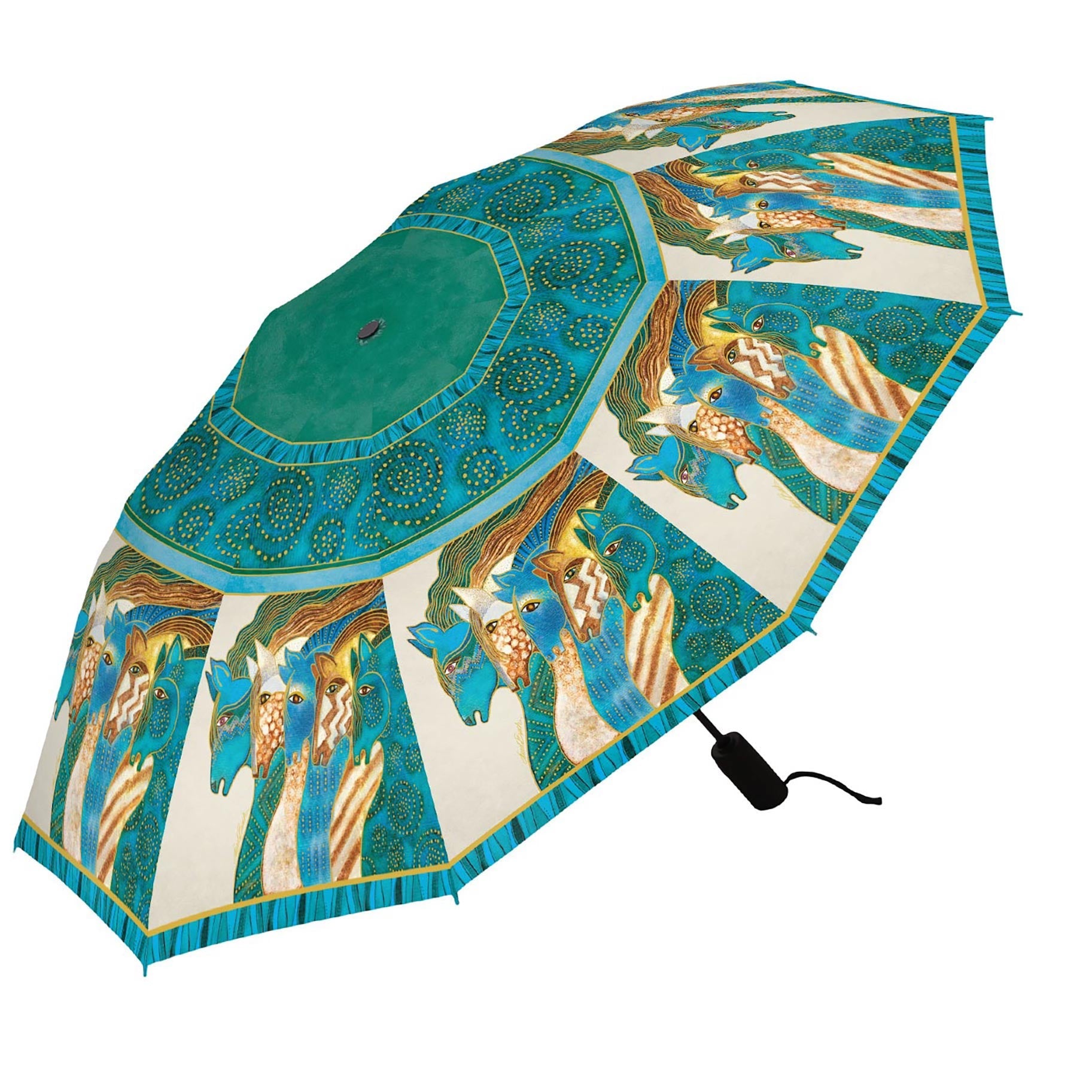 Laurel Burch "Sky Mares" Travel Umbrella – Compact, One-Touch Open & Close