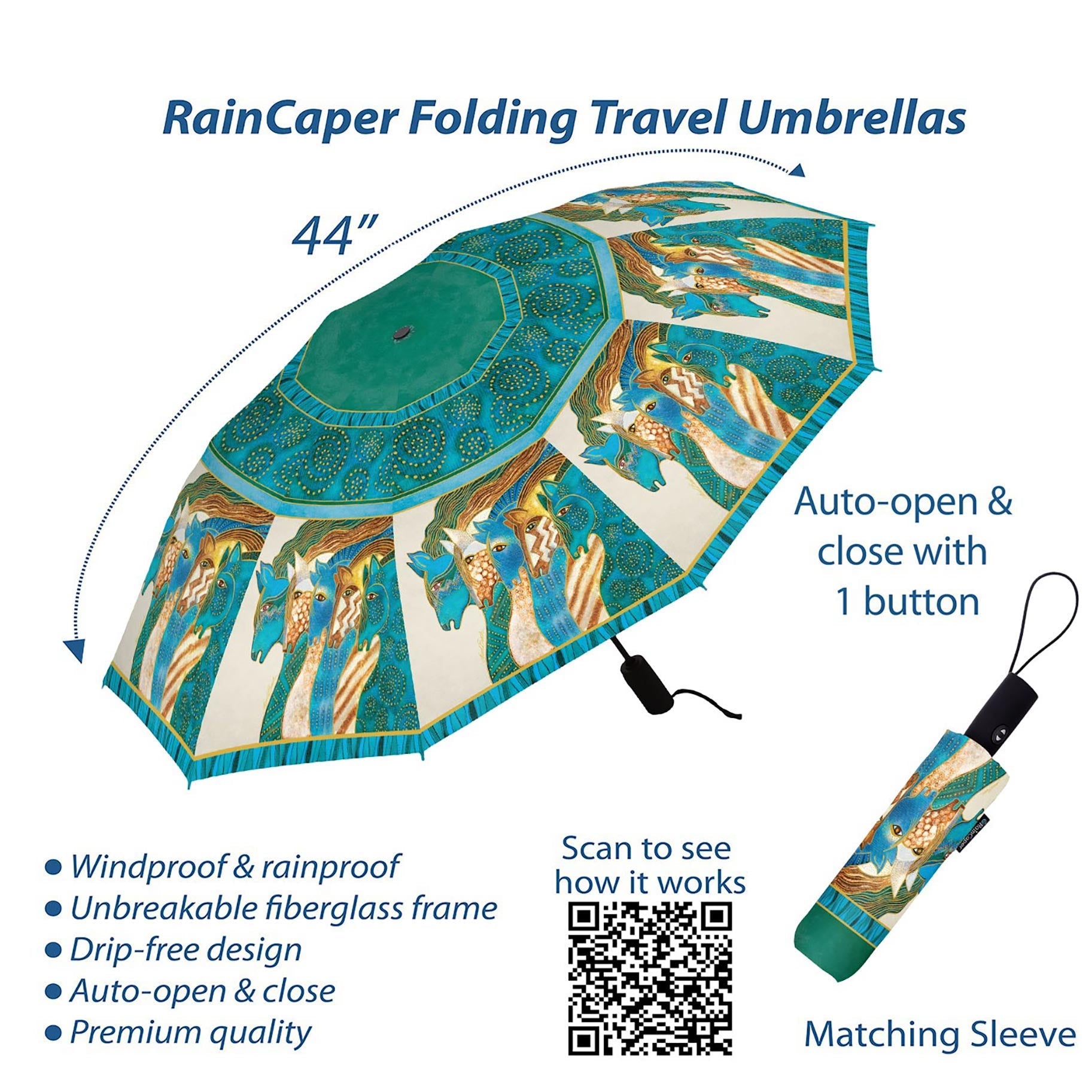 Laurel Burch "Sky Mares" Travel Umbrella – Compact, One-Touch Open & Close