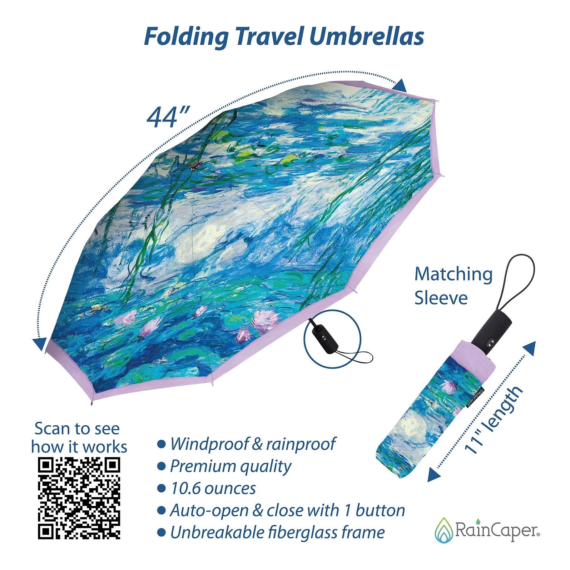 Monet Nympheas Travel Umbrella – Compact, One-Touch Open & Close