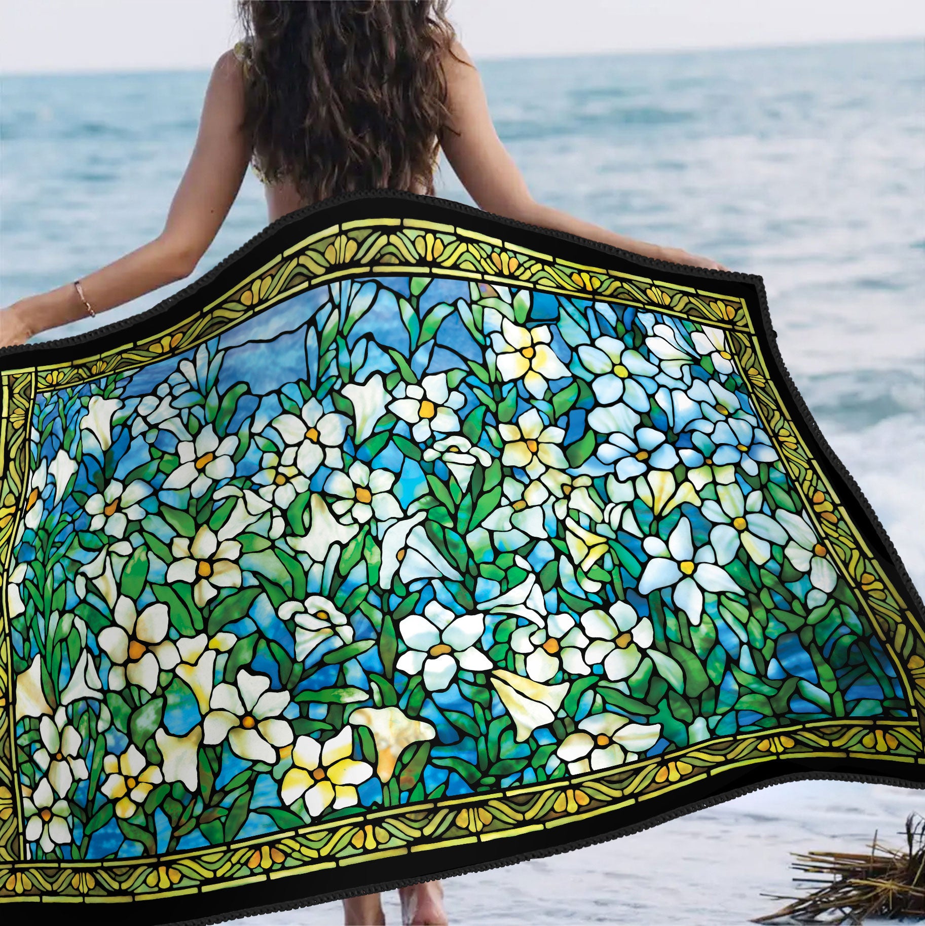 Oversized Beach Towel 40x63" - Microfiber, Quick-Dry, Tiffany Field of Lilies