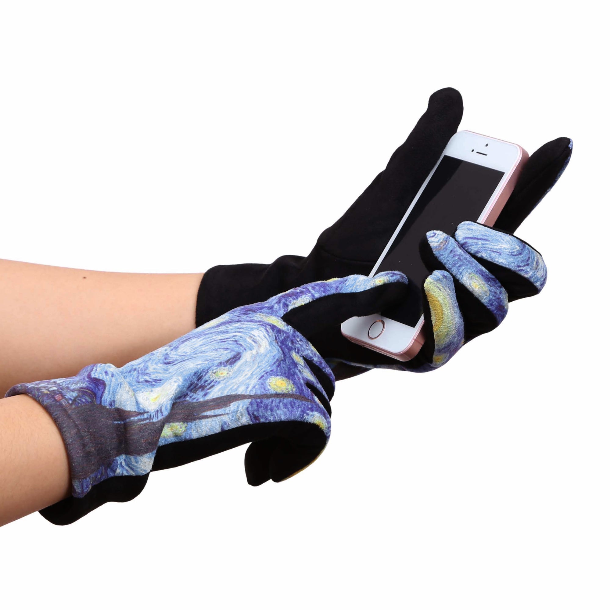 van Gogh Starry Night Texting gloves holding a smart phone 