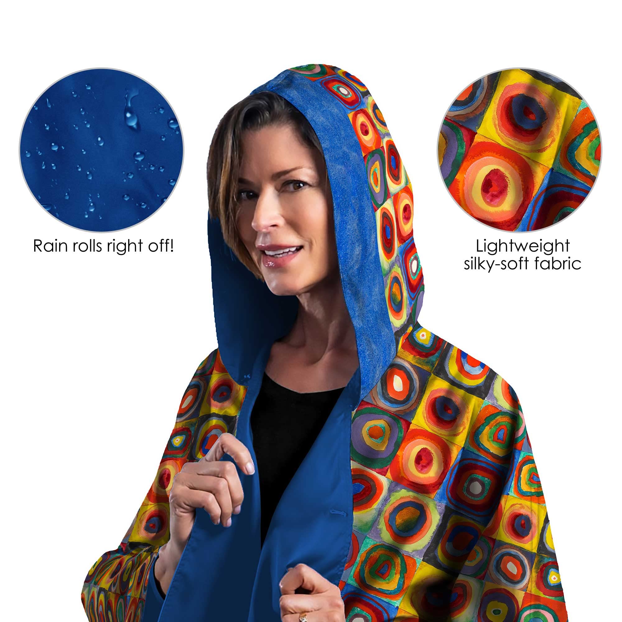 Kandinsky "Circles" Reversible Rain Cape Poncho – Lightweight Hooded Wrap for Women