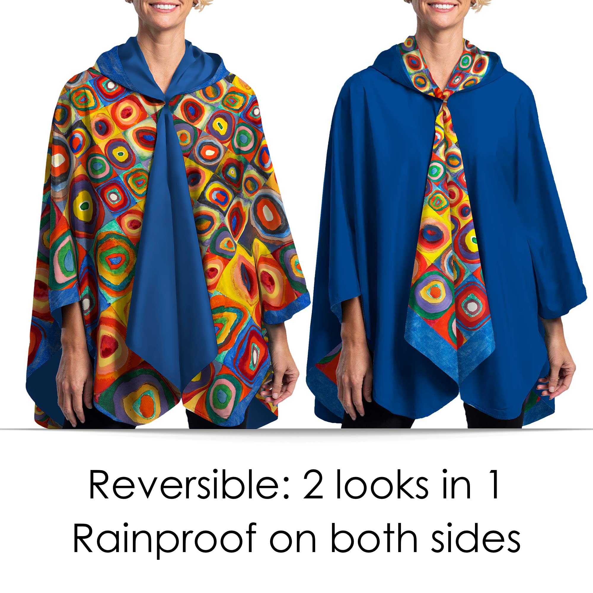 Kandinsky "Circles" Reversible Rain Cape Poncho – Lightweight Hooded Wrap for Women