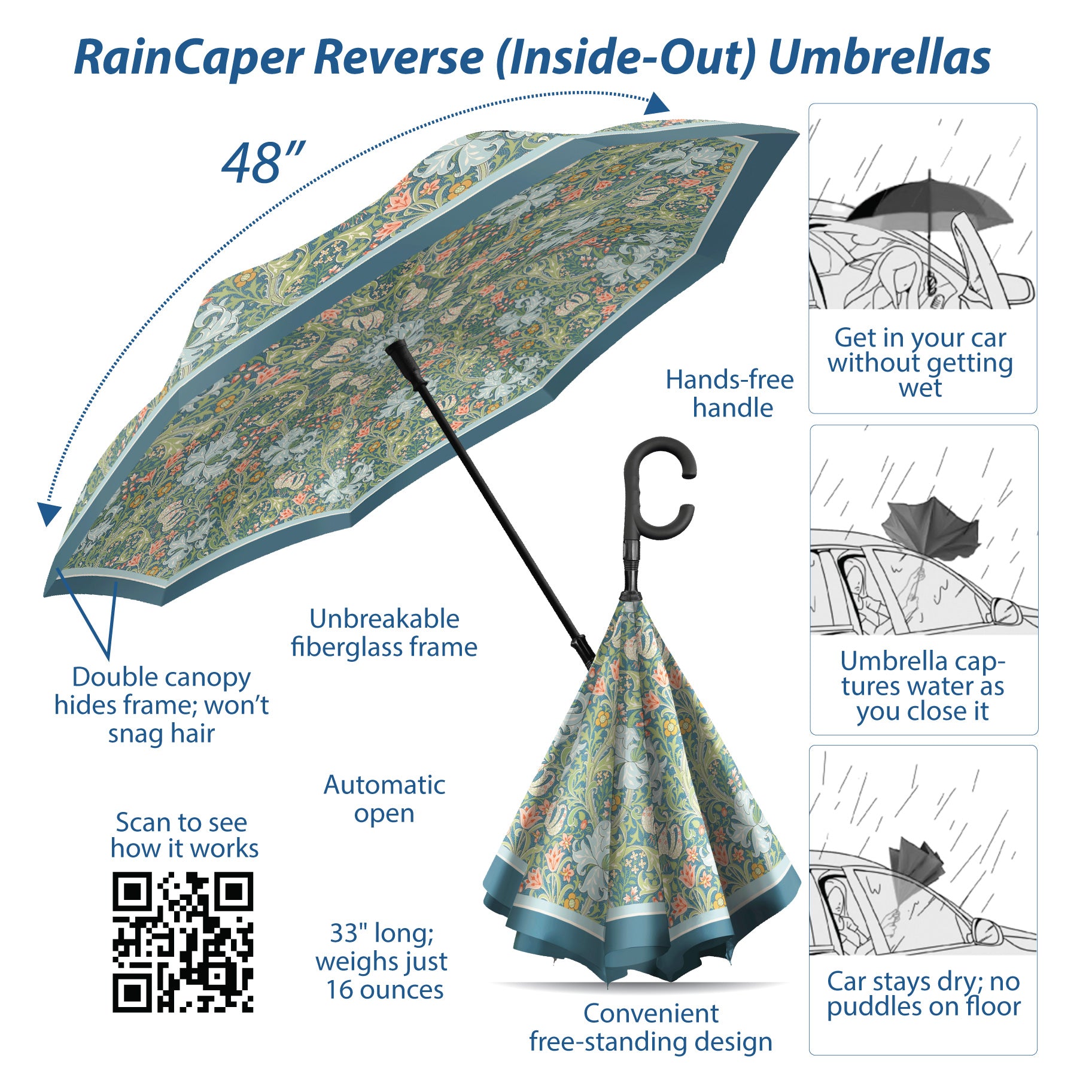 William Morris Golden Lily Reverse Inverted Umbrella – Hands-Free, Windproof Design