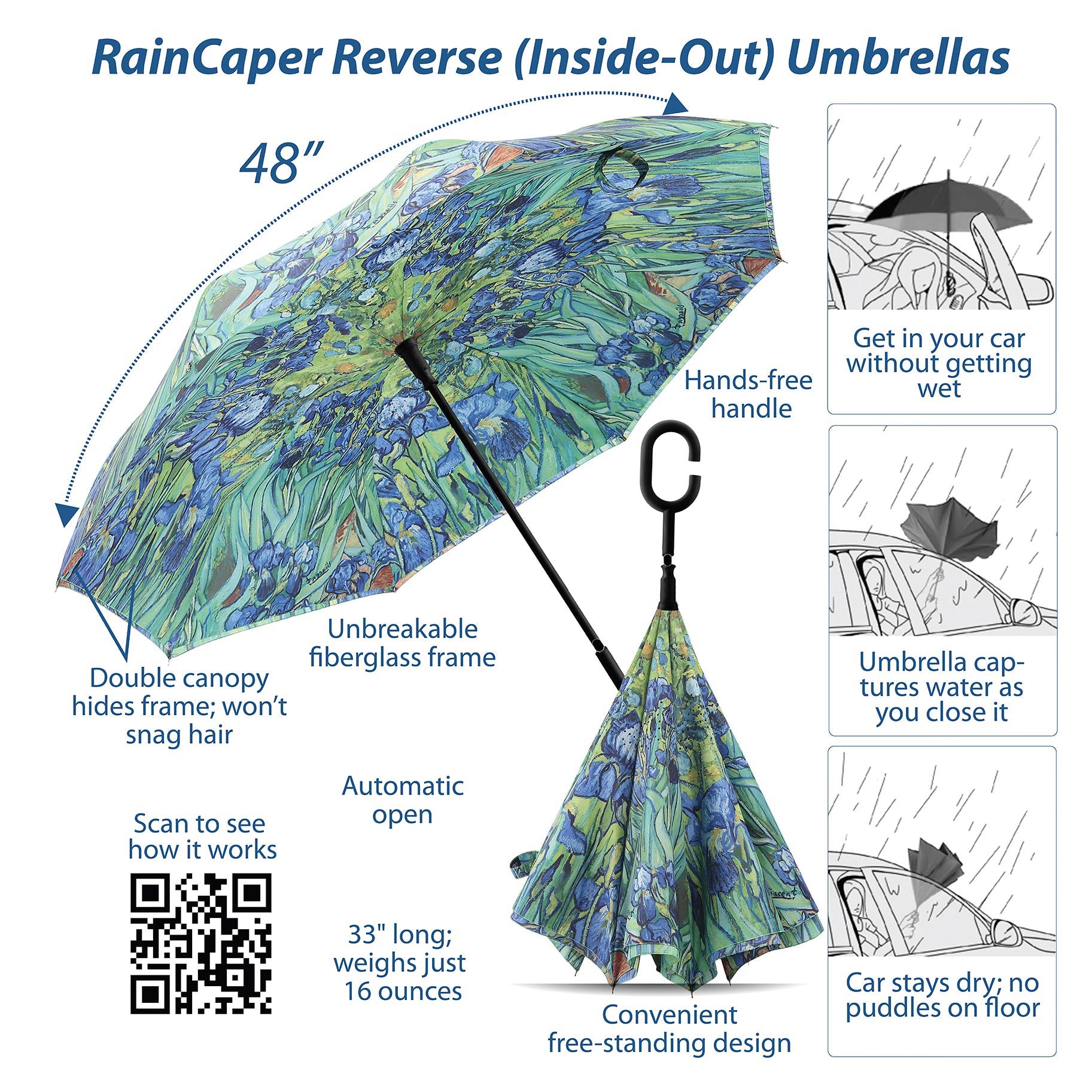 van Gogh Irises Reverse Inverted Umbrella – Hands-Free, Windproof Design