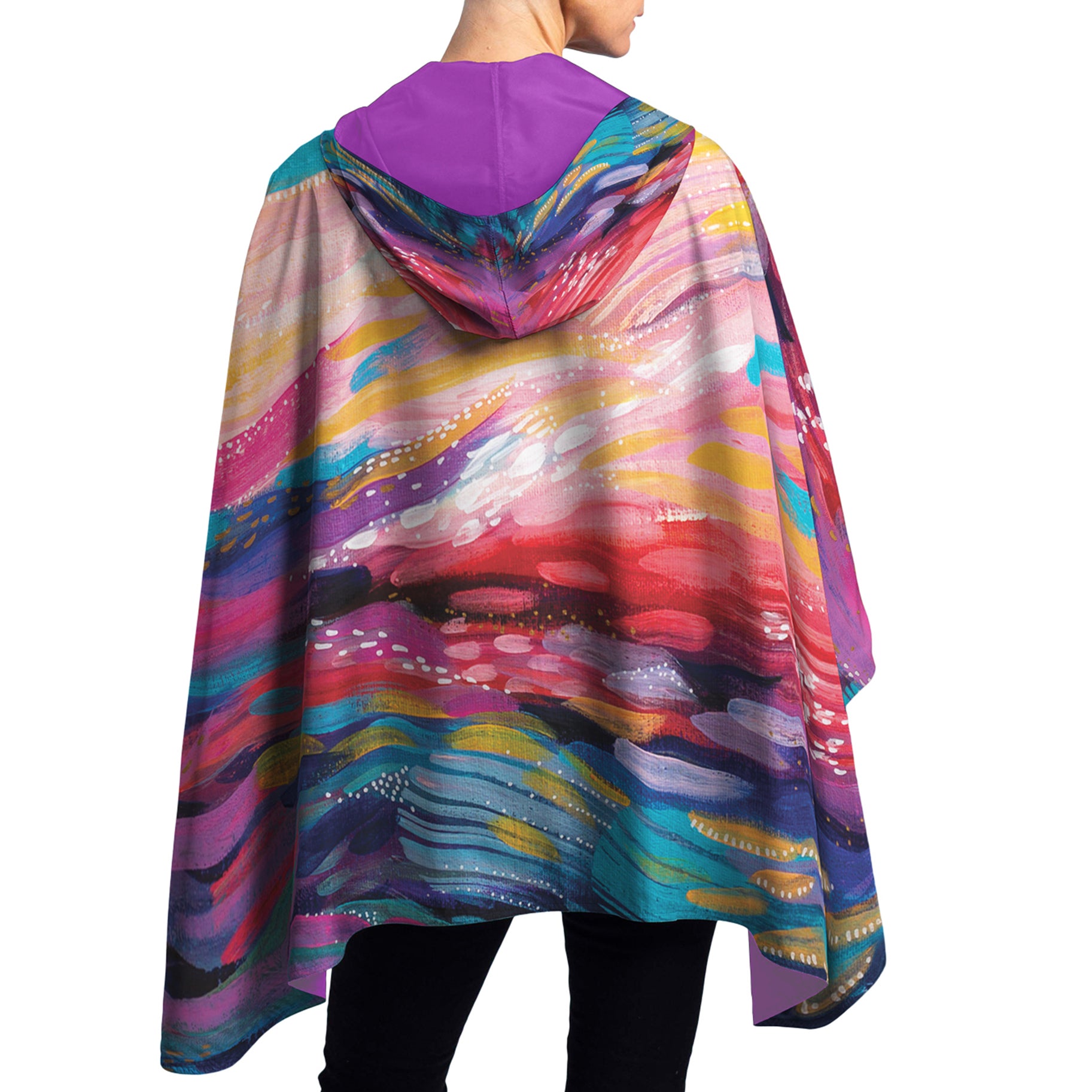 EttaVee "Brush Strokes 90" Reversible Rain Cape Poncho – Lightweight Hooded Womens Wrap