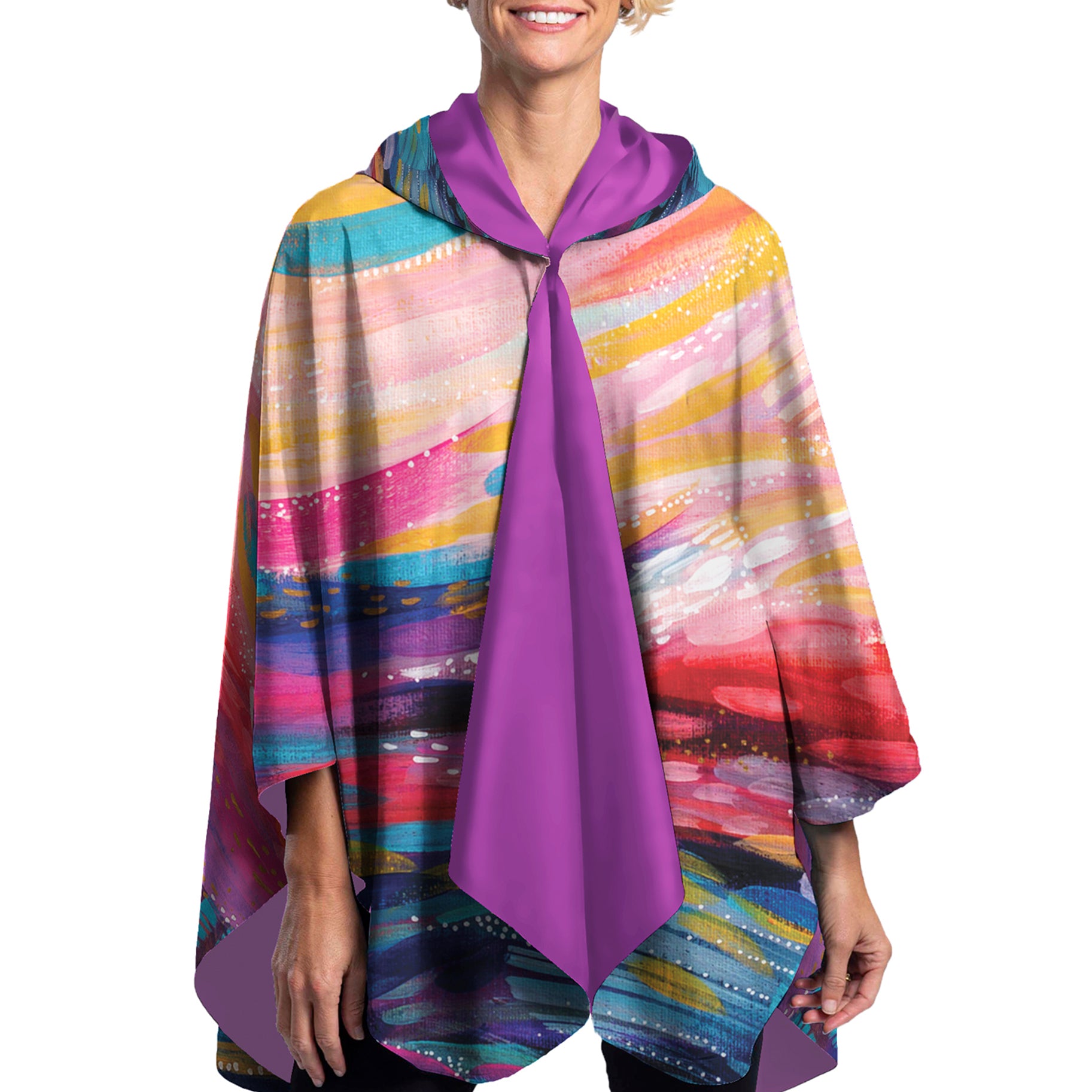 EttaVee "Brush Strokes 90" Reversible Rain Cape Poncho – Lightweight Hooded Womens Wrap
