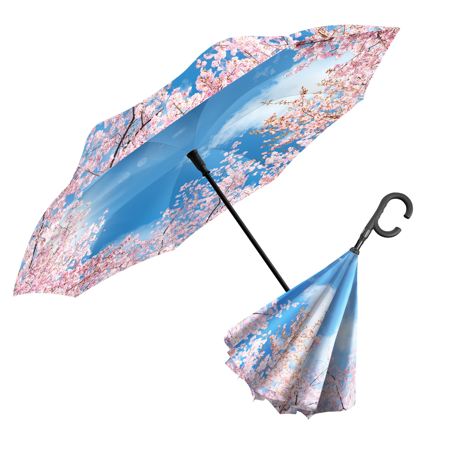RainCaper Cherry Blossoms Reverse Inverted Umbrella –  Windproof, Hands-Free