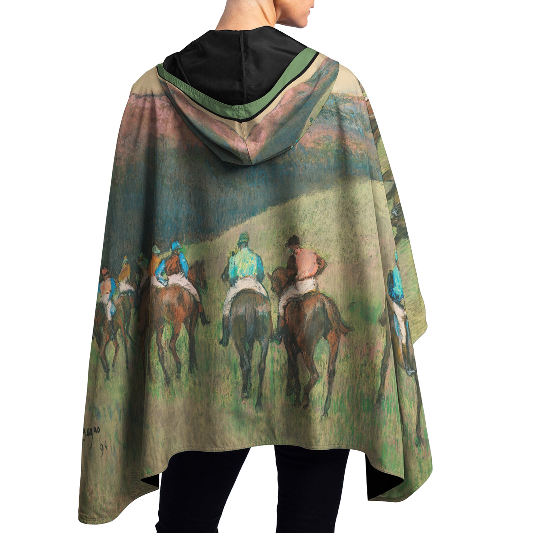 Degas "Racehorses in a Landscape" Reversible Rain Cape – Lightweight Hooded Wrap