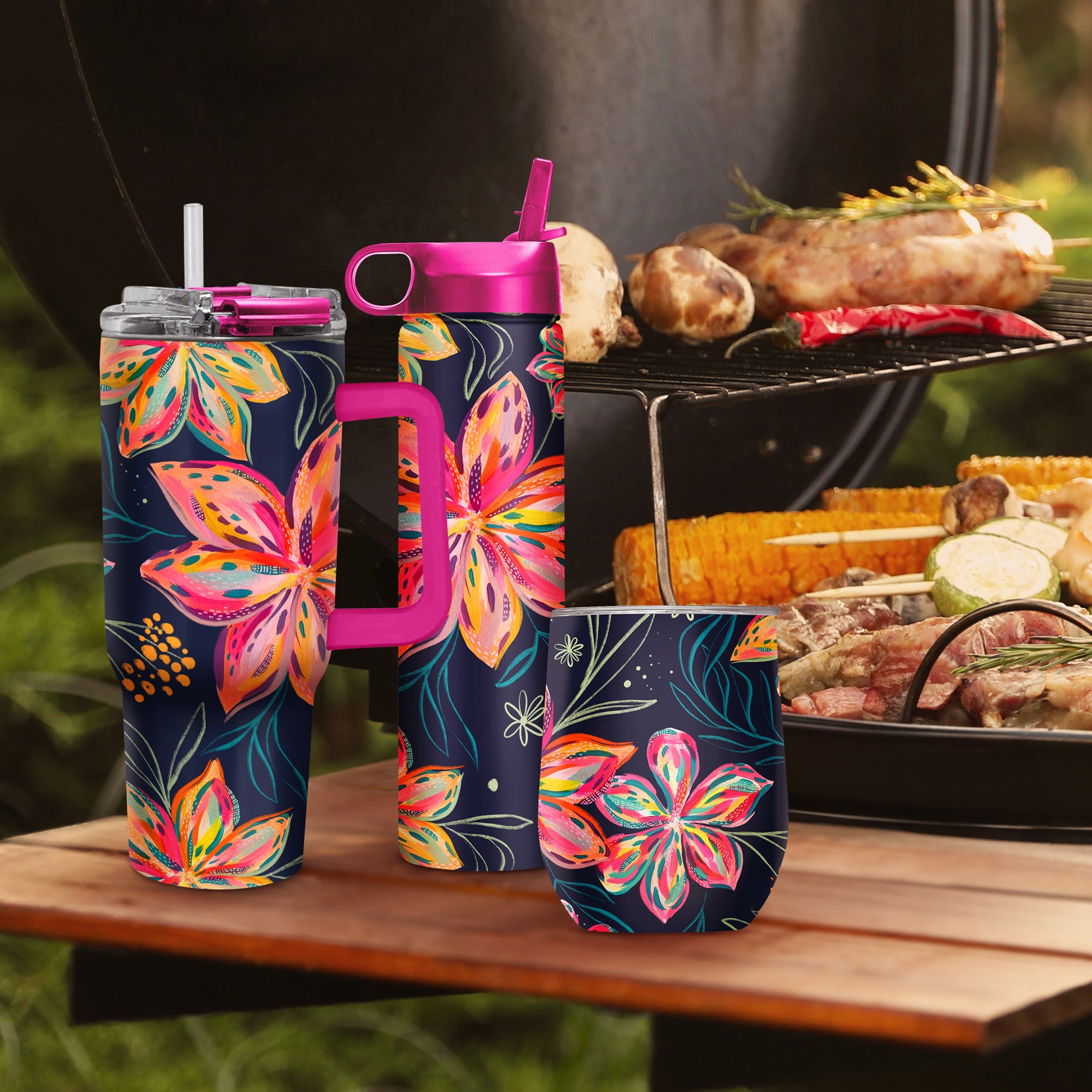 EttaVee "Bold Flowers" Insulated Drinkware Set of 3, 1 per size