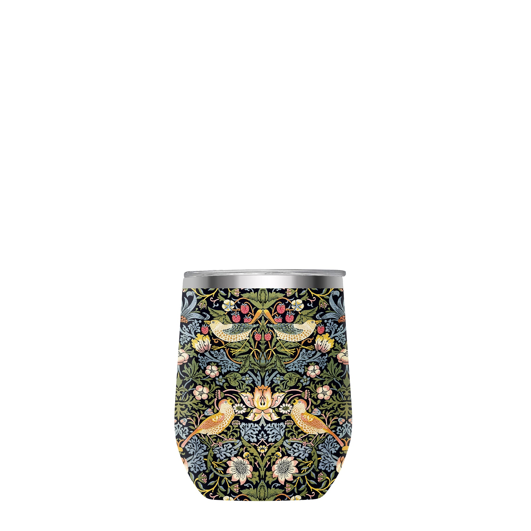 12 oz Stemless Wine Tumbler - William Morris "Strawberry Thief" - Silver Rim