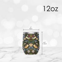 12 oz Stemless Wine Tumbler - William Morris "Strawberry Thief" - Silver Rim