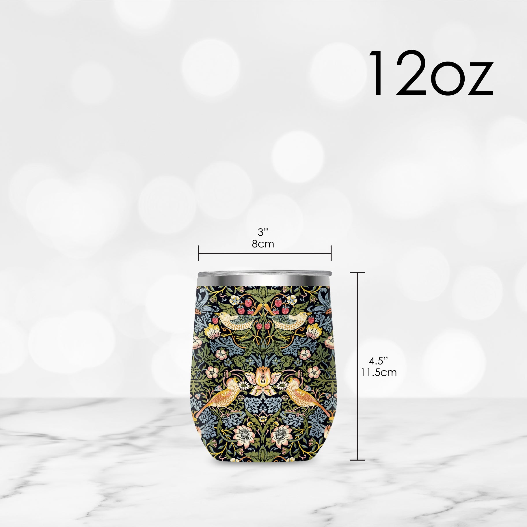 12 oz Stemless Wine Tumbler - William Morris "Strawberry Thief" - Silver Rim