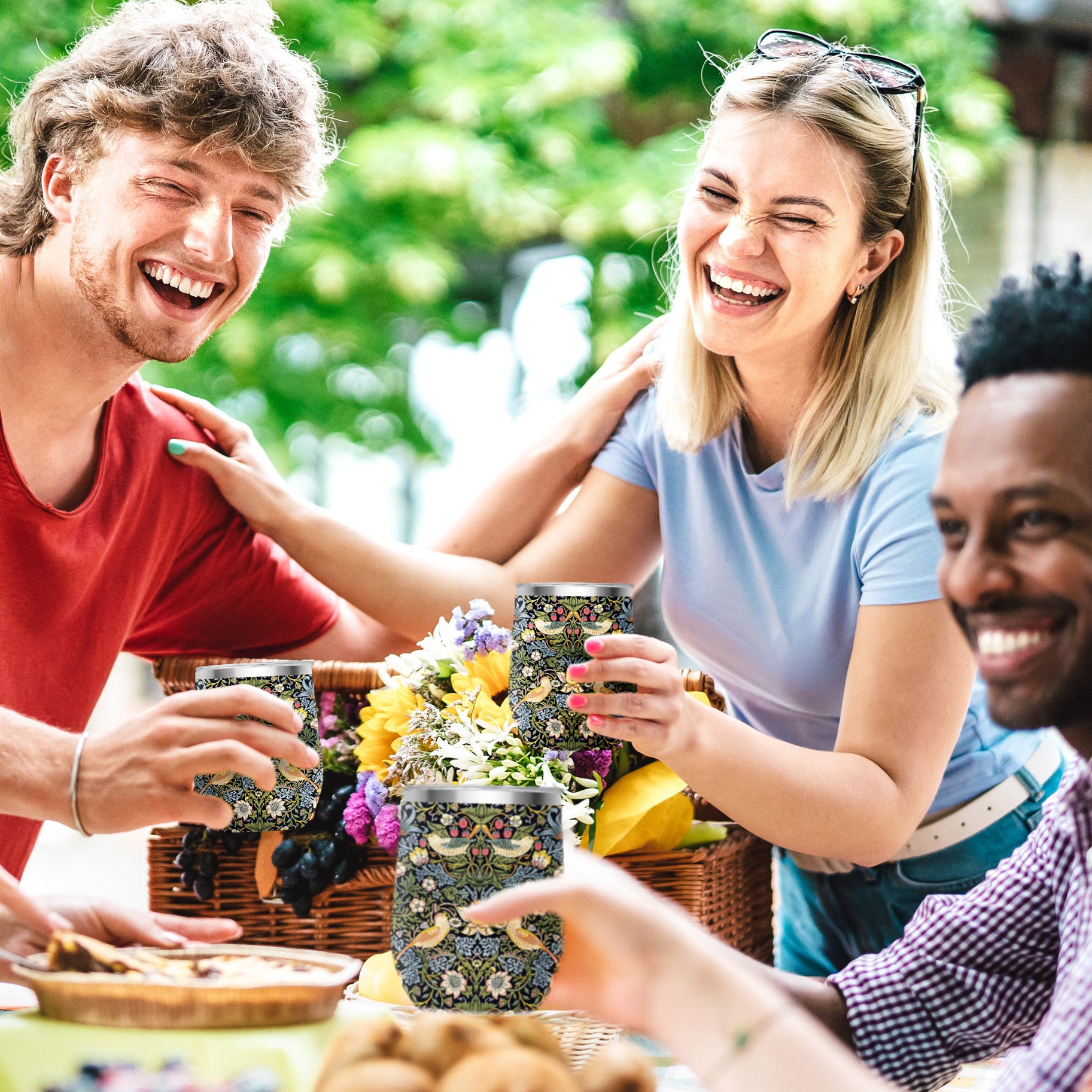 12 oz Stemless Wine Tumbler - William Morris "Strawberry Thief" - Silver Rim