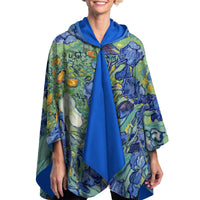 van Gogh Irises Reversible Rain Cape – Lightweight Hooded Wrap for Women