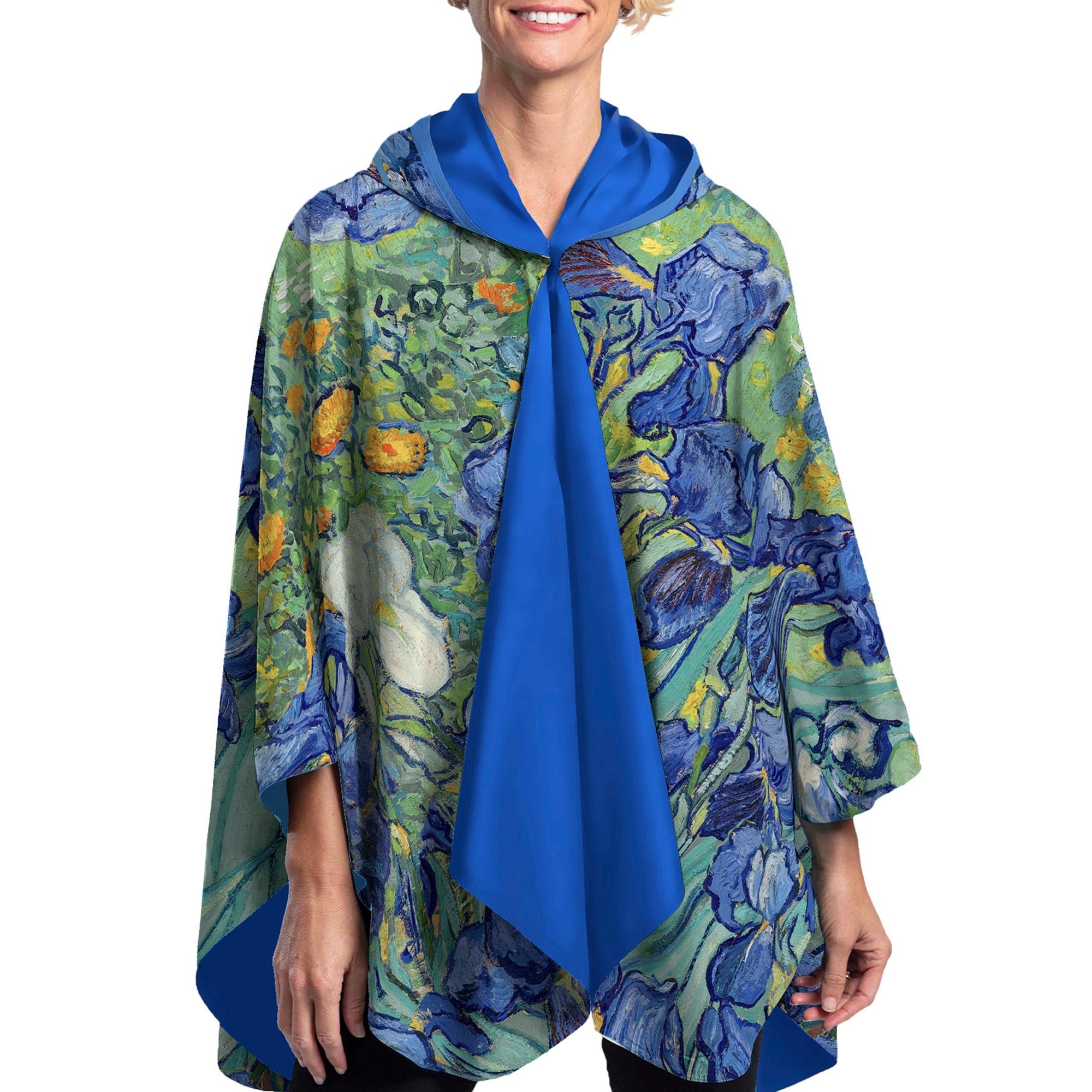 van Gogh Irises Reversible Rain Cape – Lightweight Hooded Wrap for Women