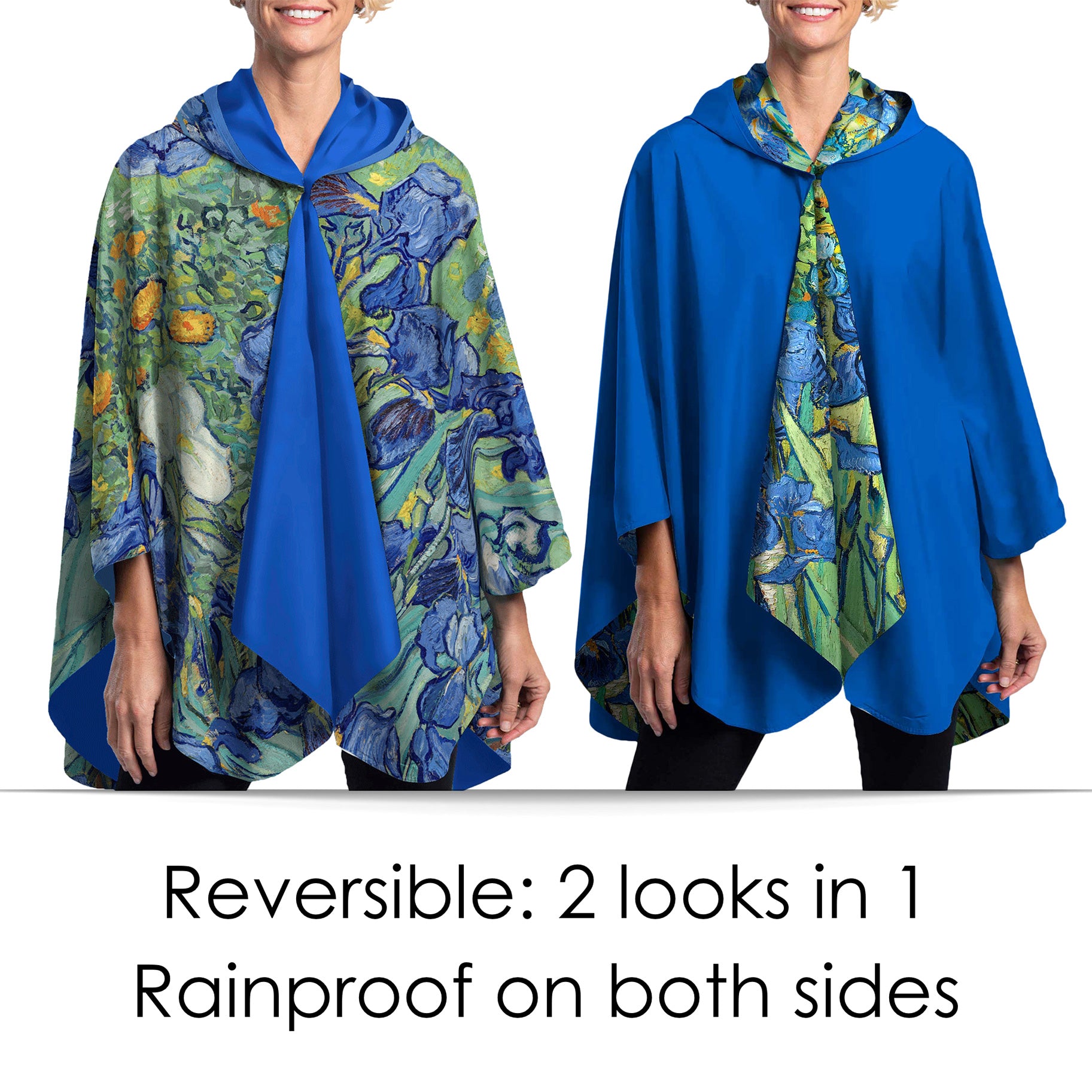 van Gogh Irises Reversible Rain Cape – Lightweight Hooded Wrap for Women