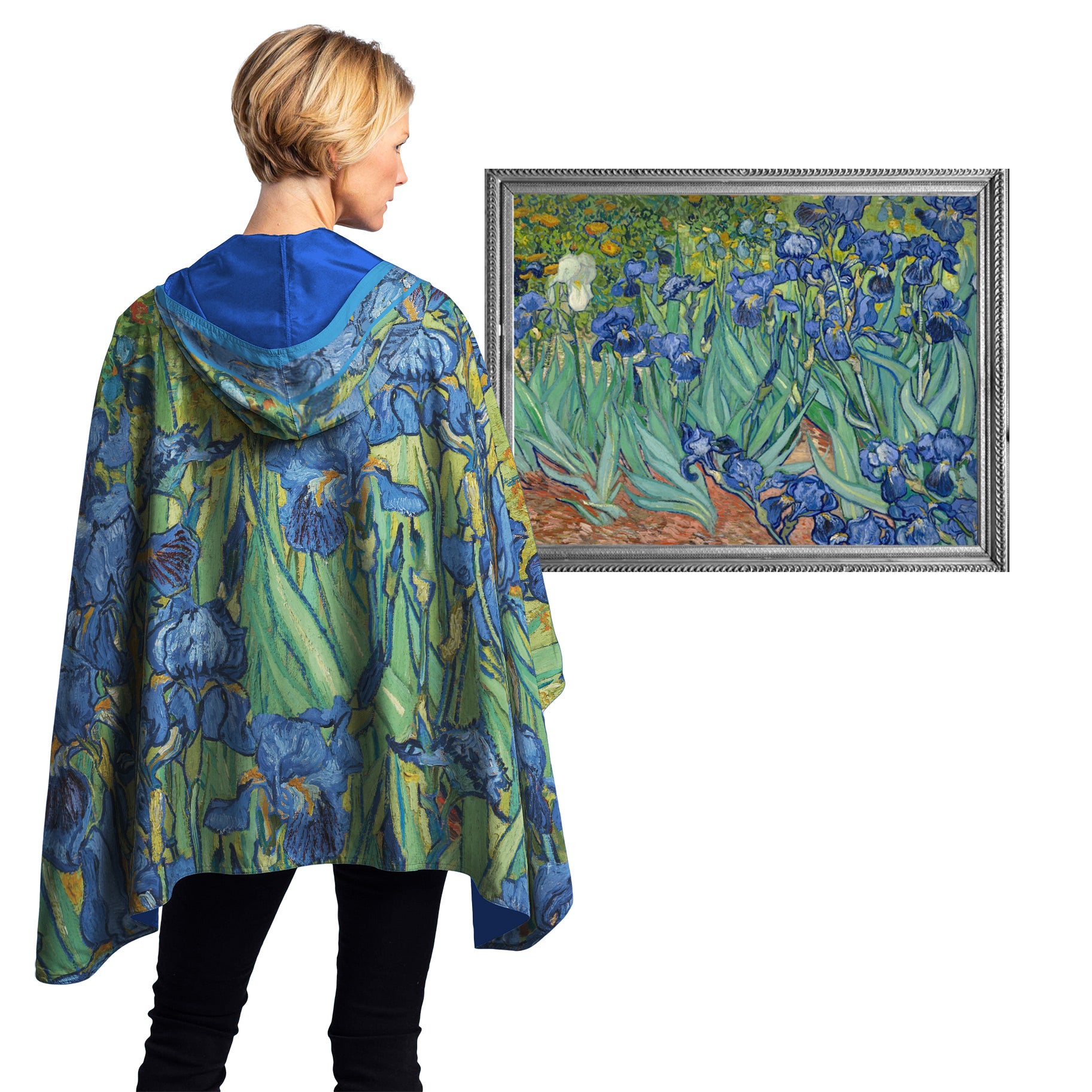 van Gogh Irises Reversible Rain Cape – Lightweight Hooded Wrap for Women