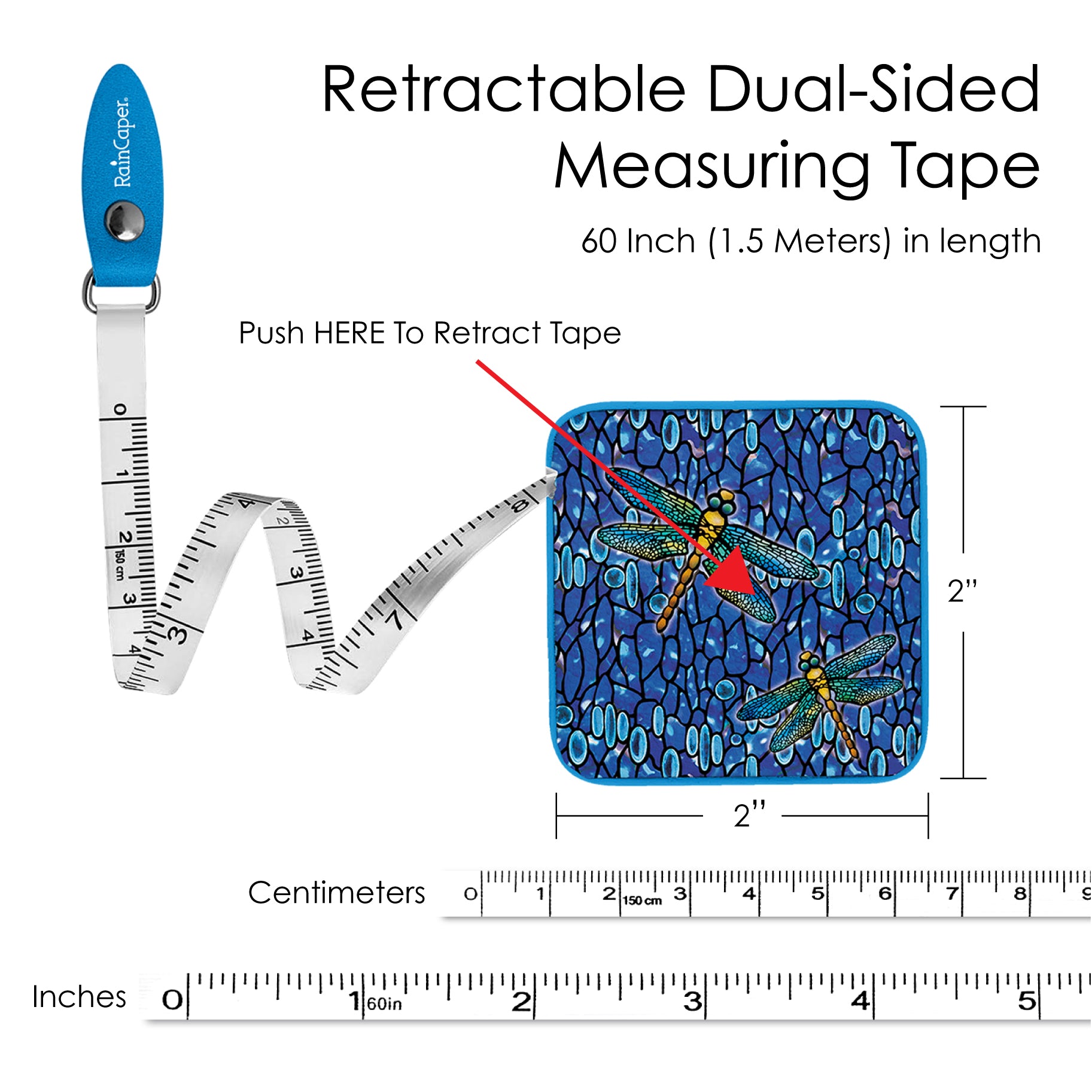 Tiffany "Dragonfly" - Blue Compact Retractable Tape Measure – Dual-Sided, 60"/150cm