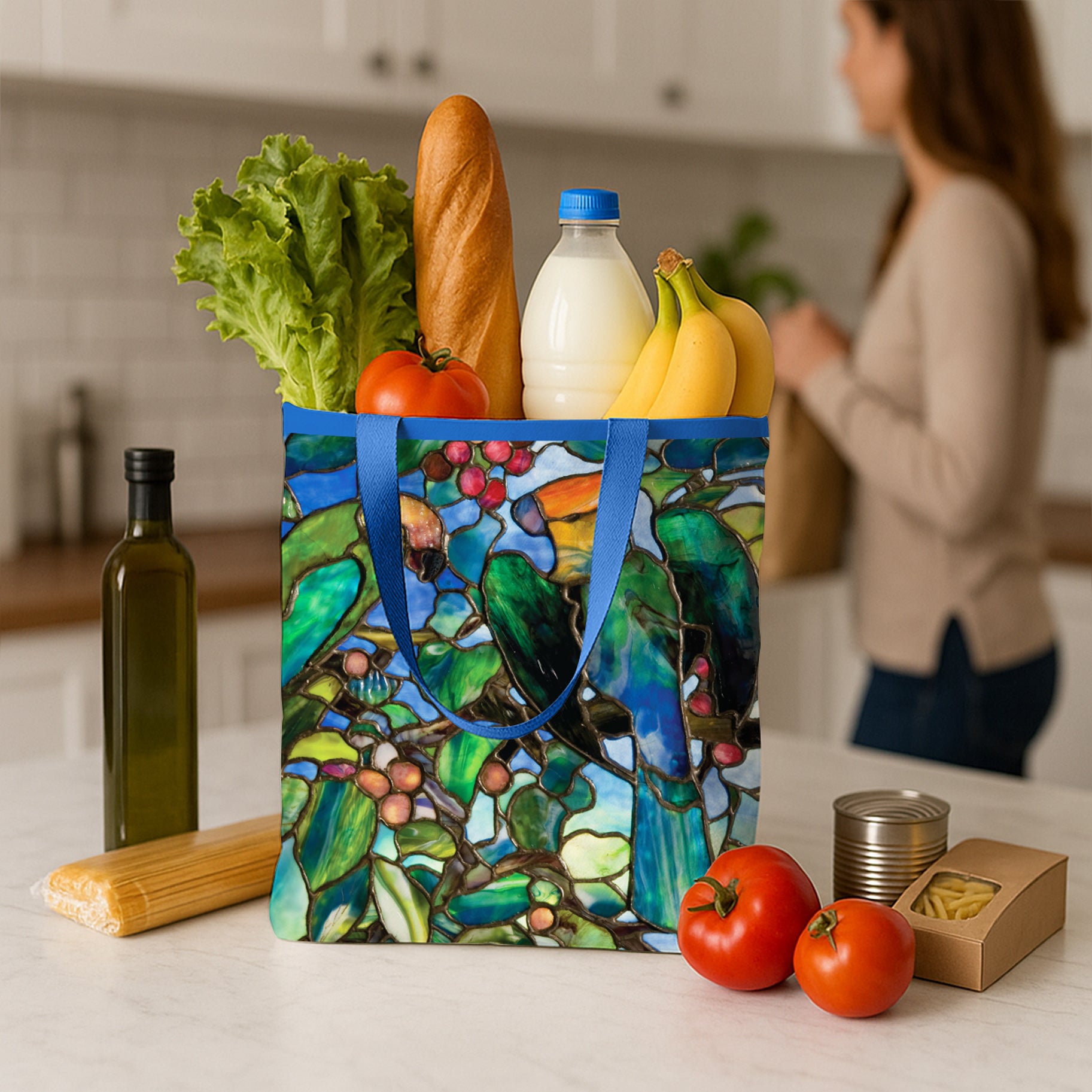 Tiffany Parrots Canvas Magazine Tote – Slim Vertical Tote Bag