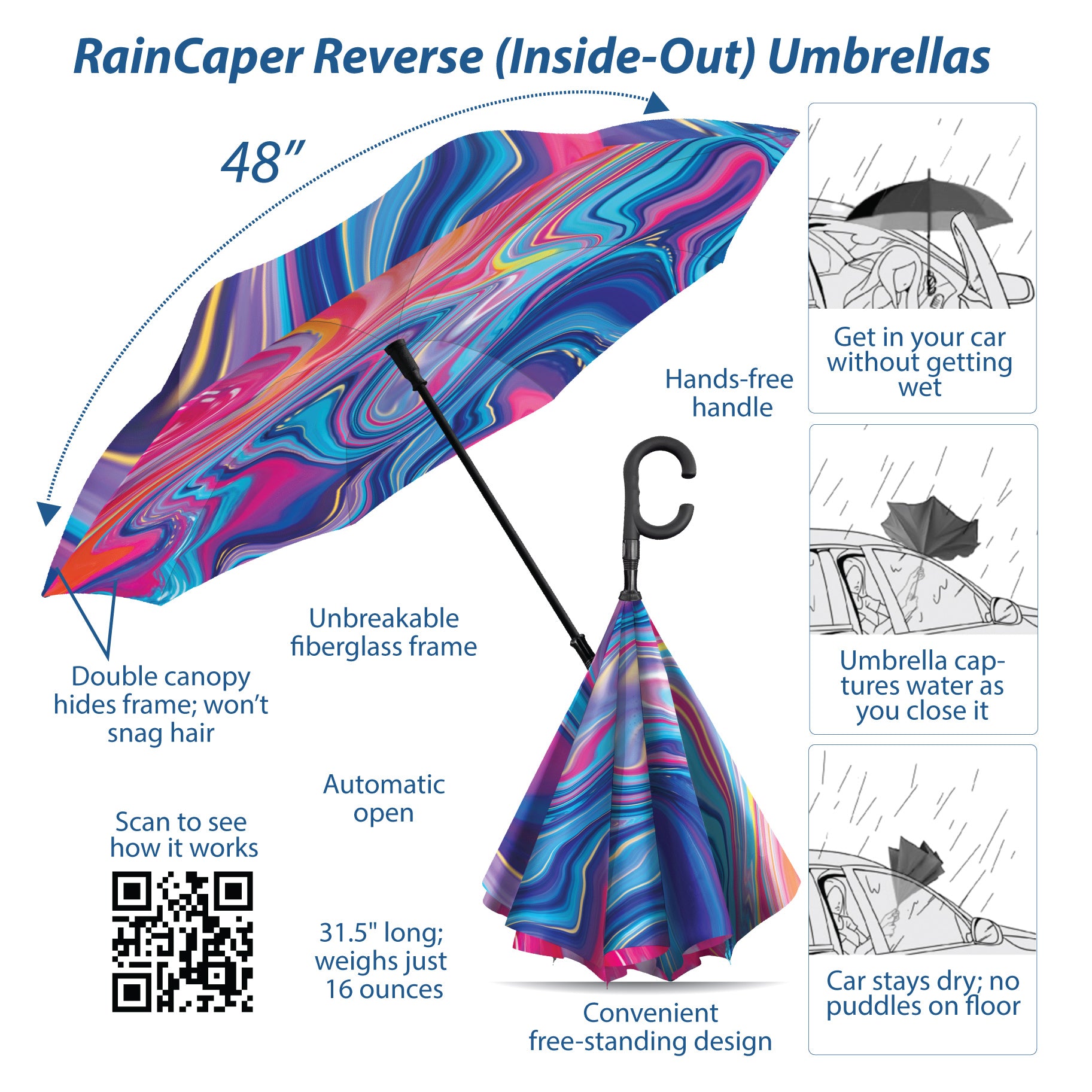 EttaVee "Marble 8" Reverse Inverted Umbrella – Hands-Free, Windproof Design