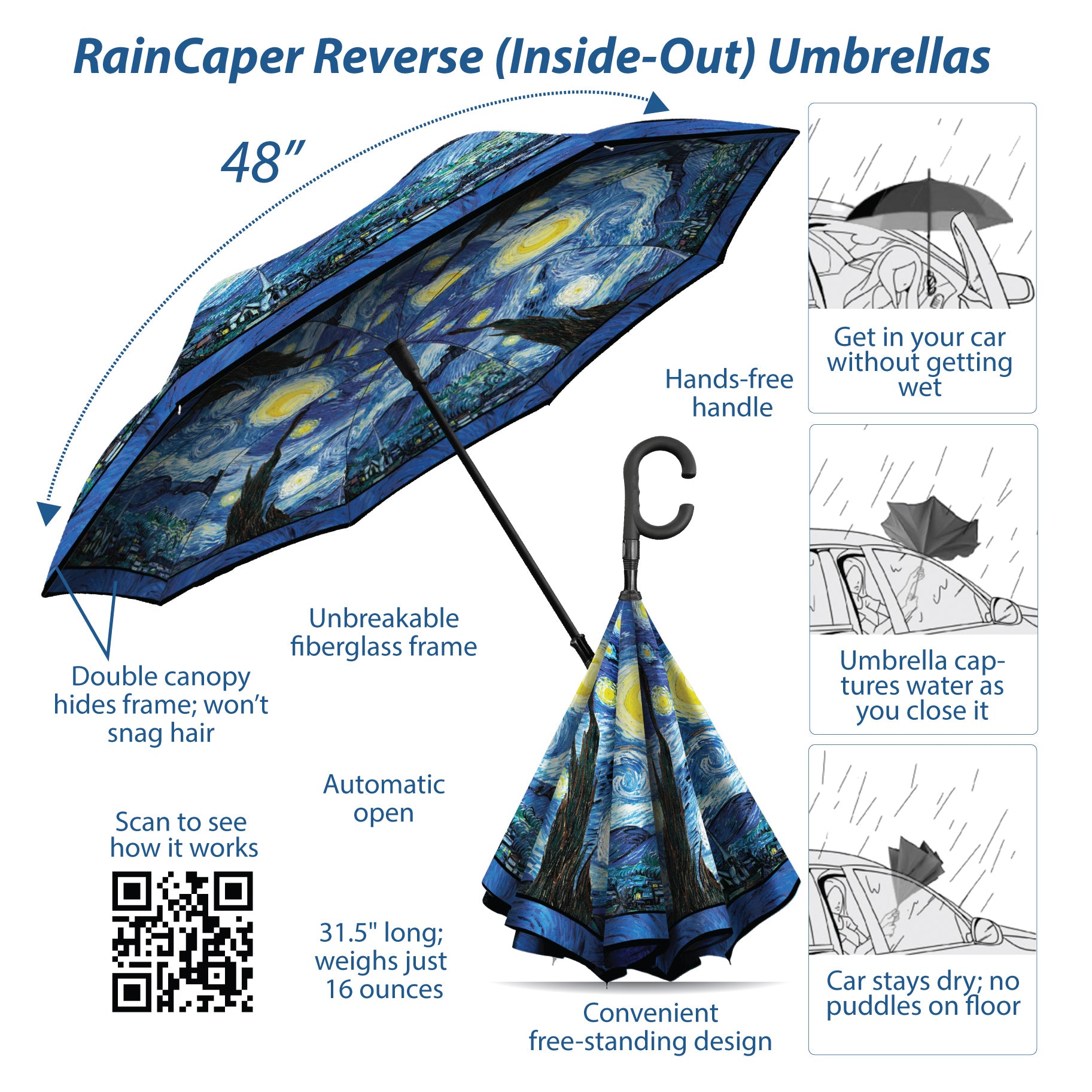 van Gogh Starry Night Reverse Inverted Umbrella – Hands-Free, Windproof Design