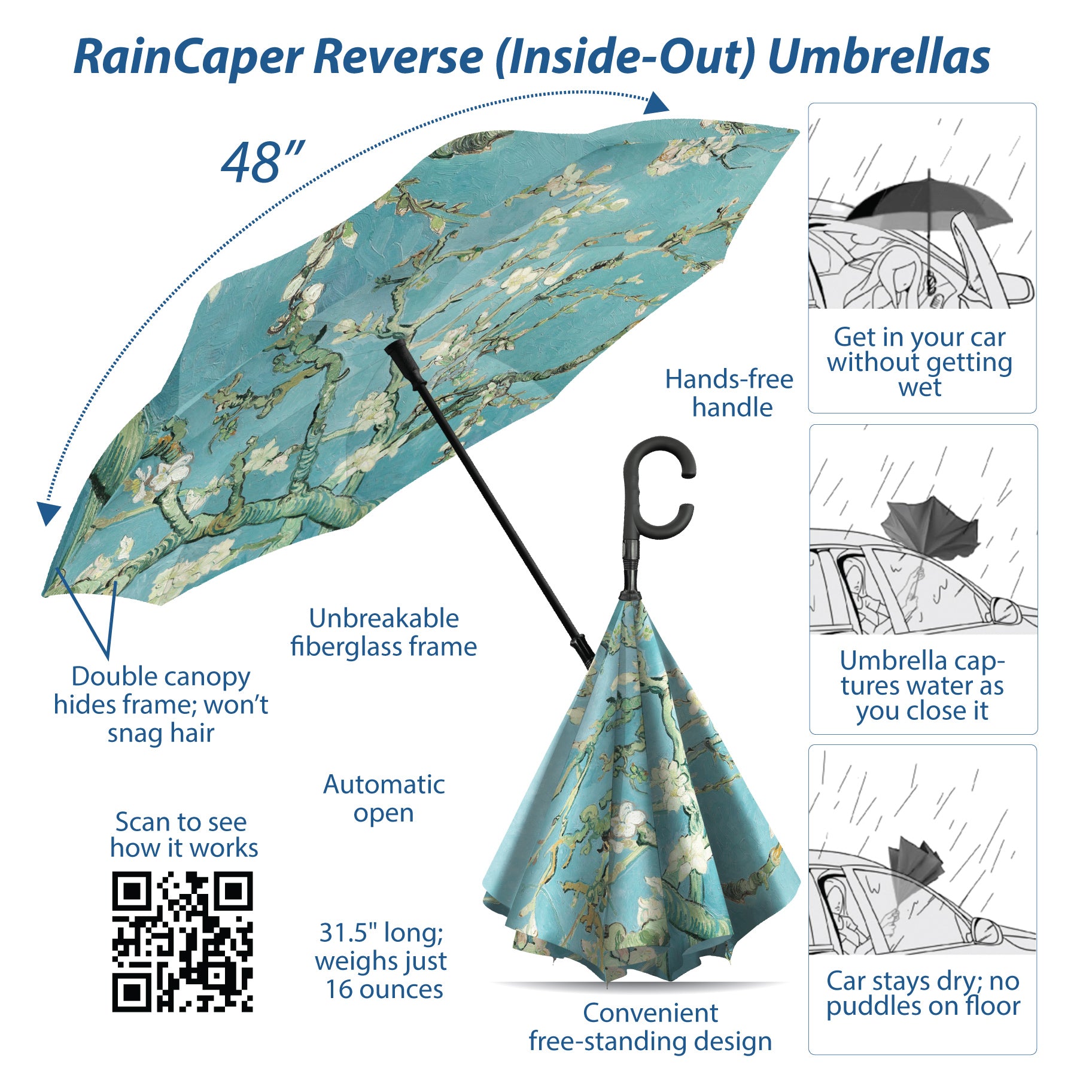 van Gogh Almond Blossom Reverse Inverted Umbrella – Windproof, Hands-Free